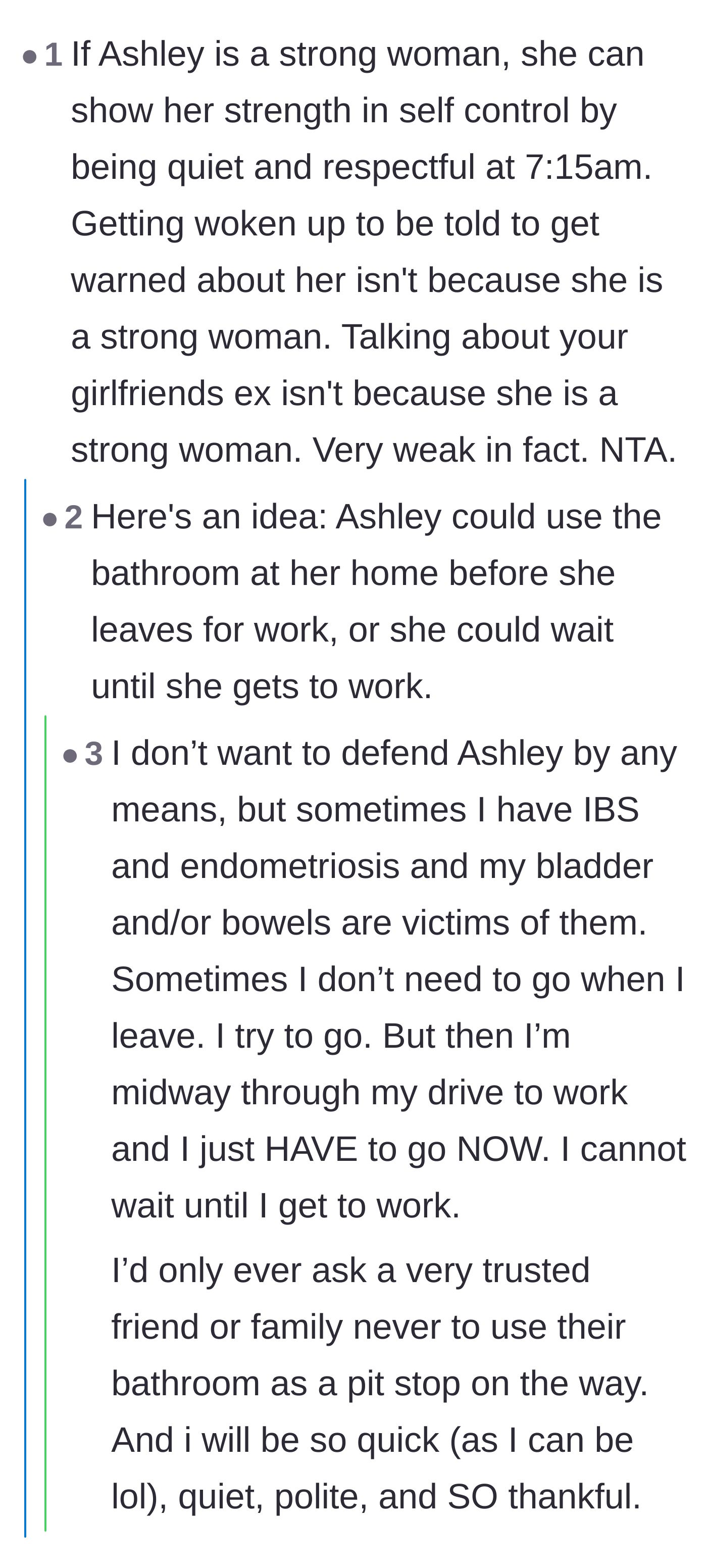 Comment thread 4 - A discussion dismantling the girlfriend's claim that her friend is just a 'strong woman,' arguing that real strength involves basic respect.
