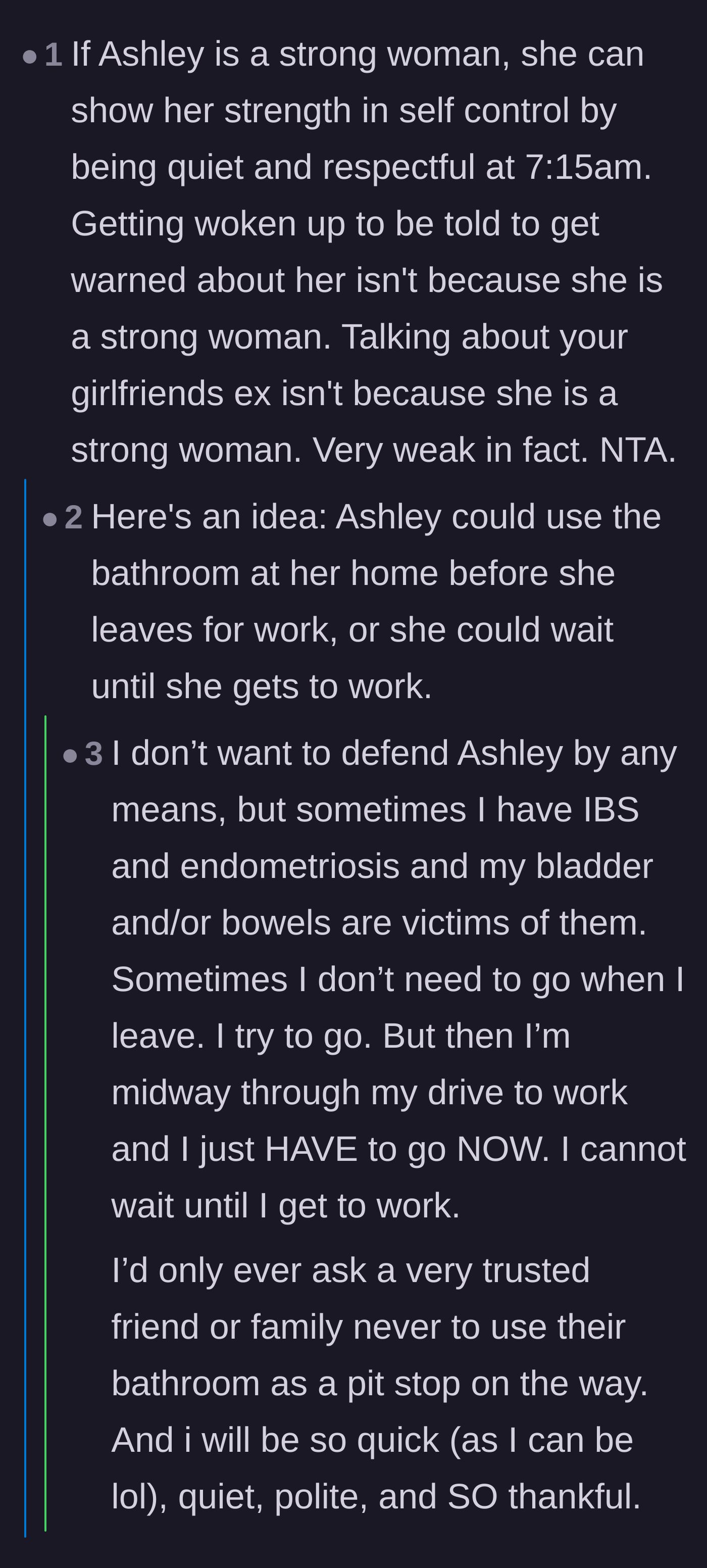 Comment thread 4 - A discussion dismantling the girlfriend's claim that her friend is just a 'strong woman,' arguing that real strength involves basic respect.