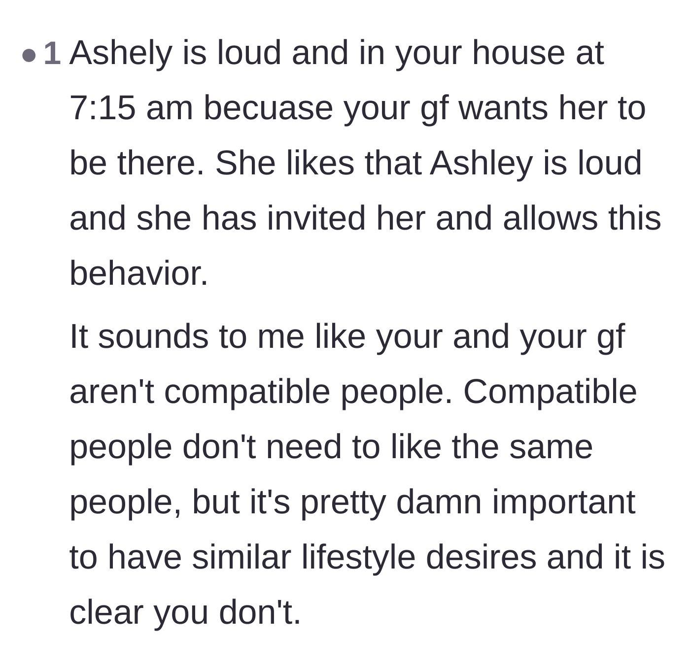 Comment thread 6 - A reader points out that the girlfriend actively invites and enjoys the friend's disruptive behavior, signaling a massive lifestyle incompatibility.