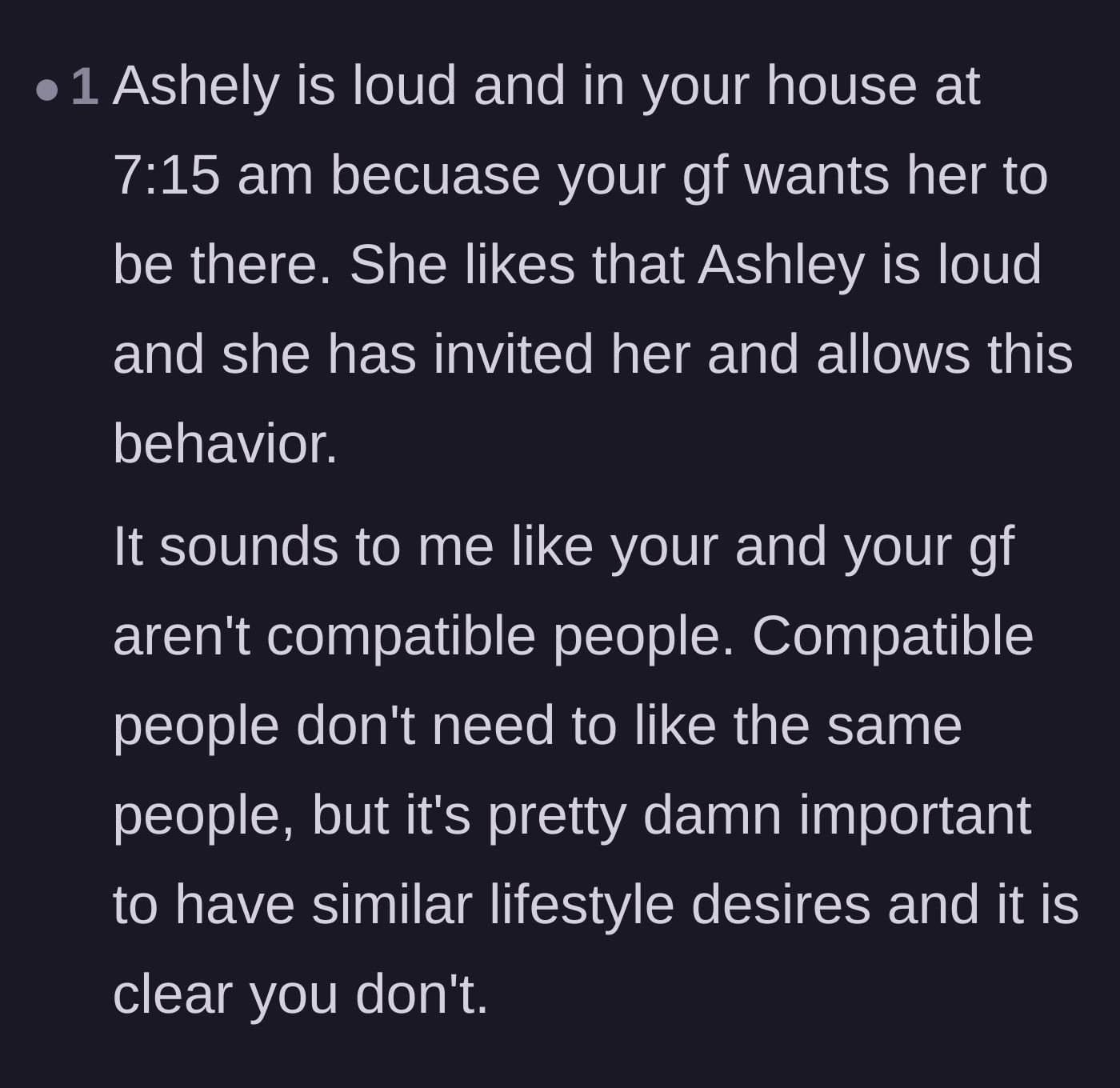 Comment thread 6 - A reader points out that the girlfriend actively invites and enjoys the friend's disruptive behavior, signaling a massive lifestyle incompatibility.