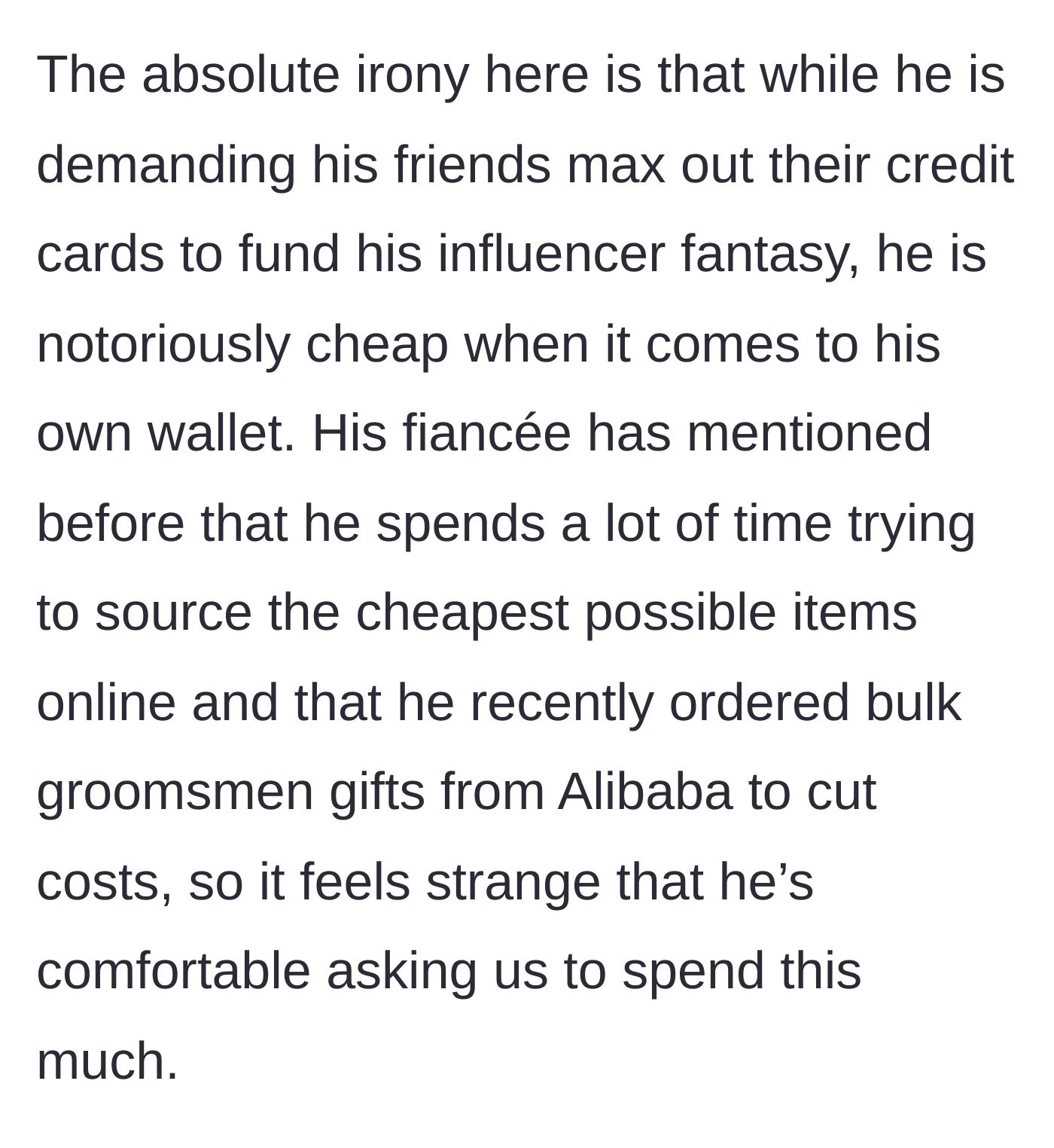 Story part 5 - The irony of the groom expecting others to overspend while he orders cheap bulk gifts from Alibaba.