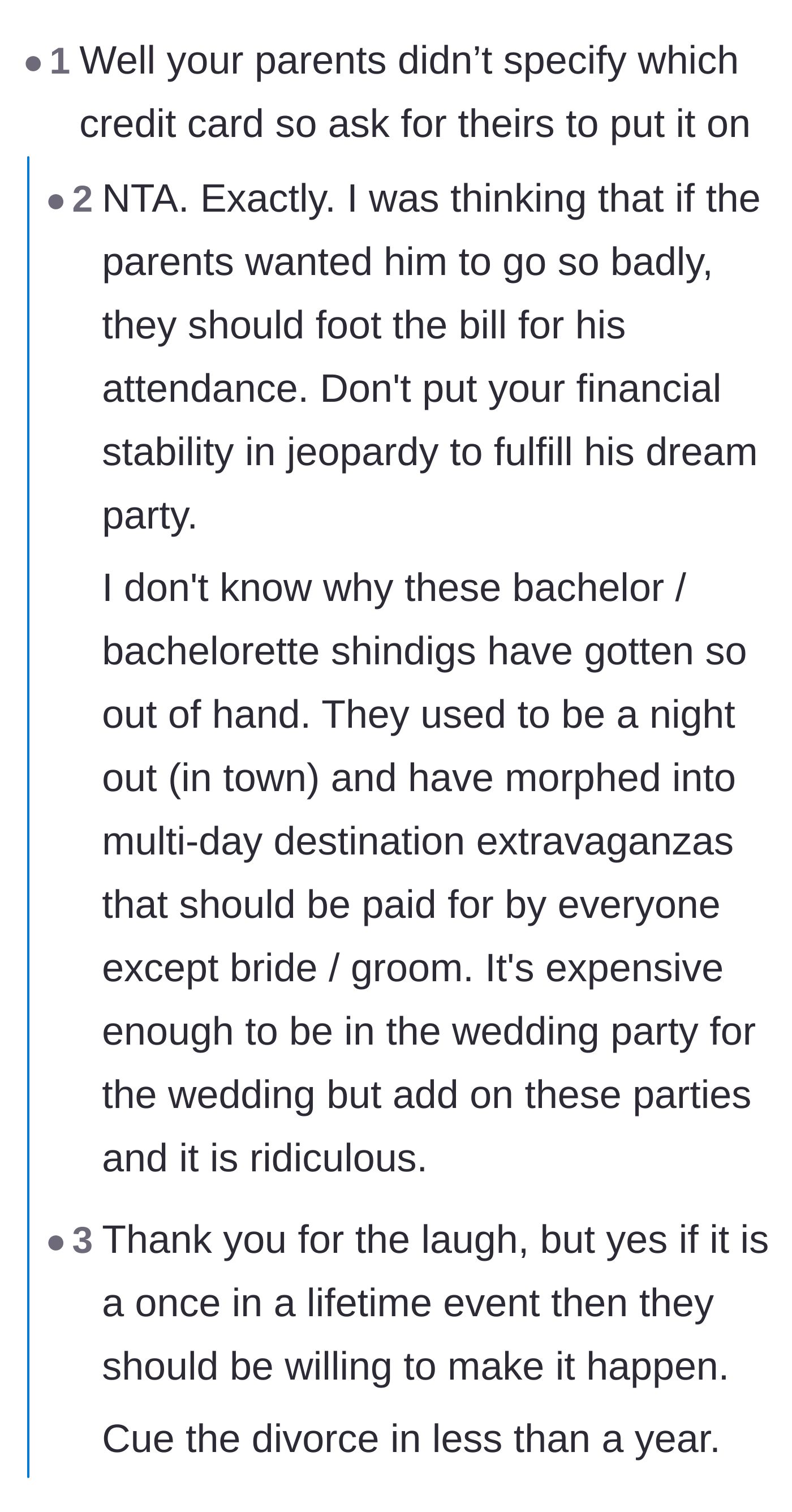 Comment thread 1 - Suggesting the younger brother use his parents' credit card for the trip, and mourning the loss of affordable bachelor parties.
