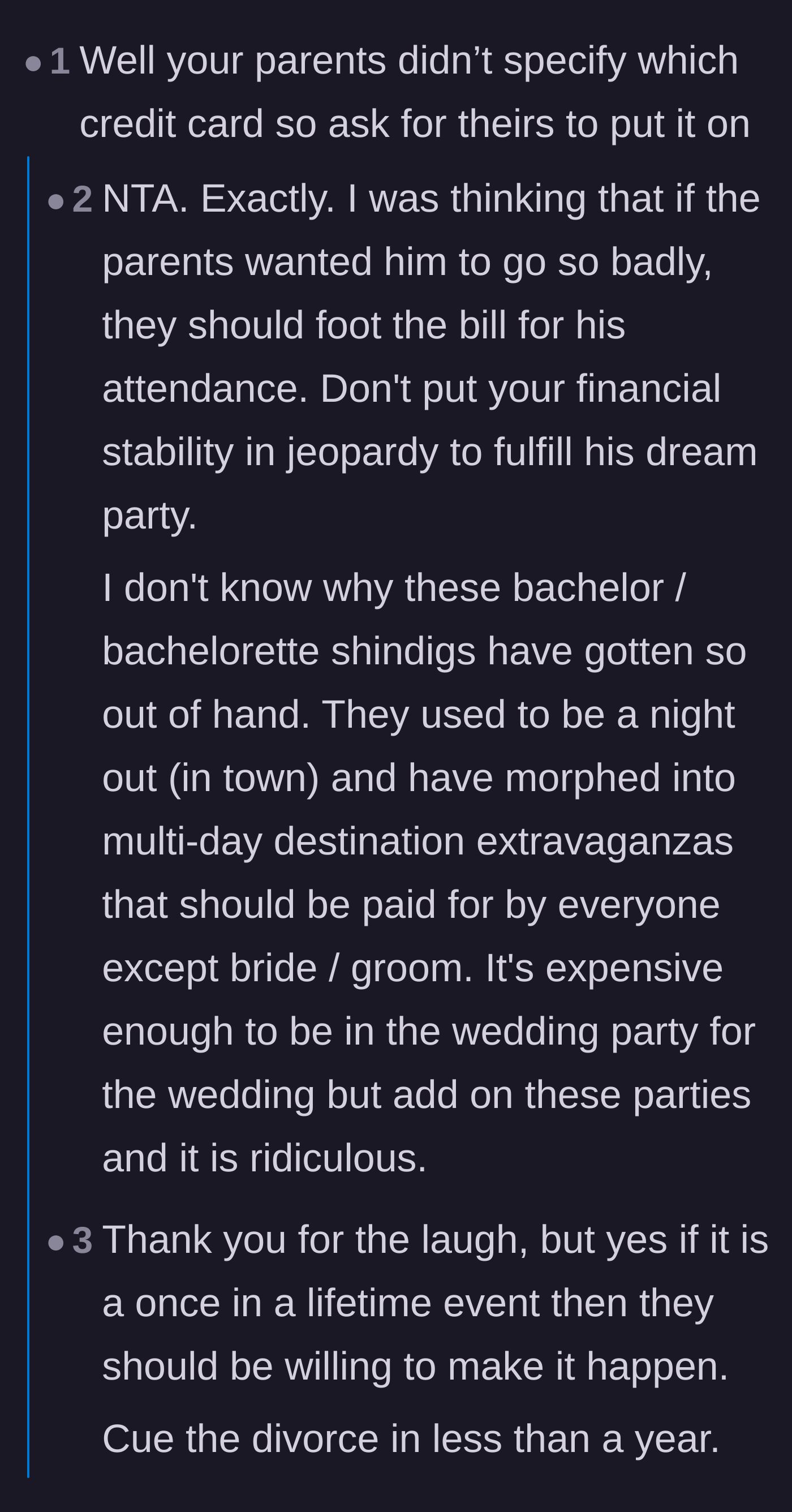 Comment thread 1 - Suggesting the younger brother use his parents' credit card for the trip, and mourning the loss of affordable bachelor parties.
