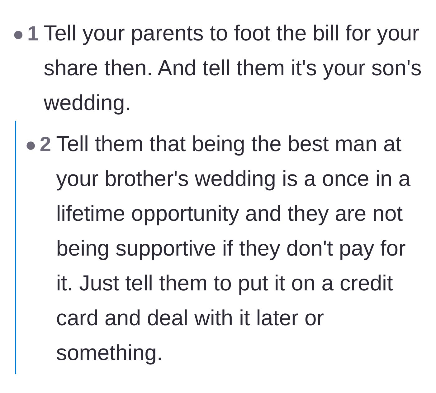 Comment thread 2 - Advising the original poster to use his parents' exact 'once-in-a-lifetime' logic against them to get them to pay.