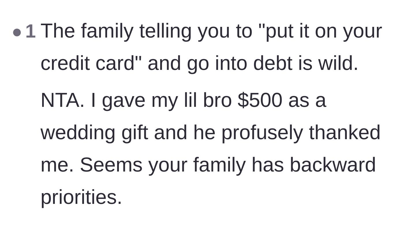 Comment thread 3 - Calling out the family's wild expectation for the younger brother to go into debt and their backward priorities.