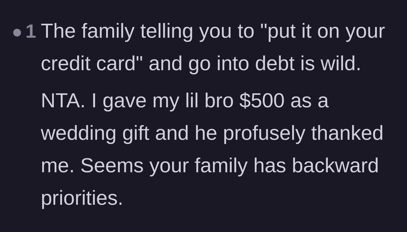 Comment thread 3 - Calling out the family's wild expectation for the younger brother to go into debt and their backward priorities.