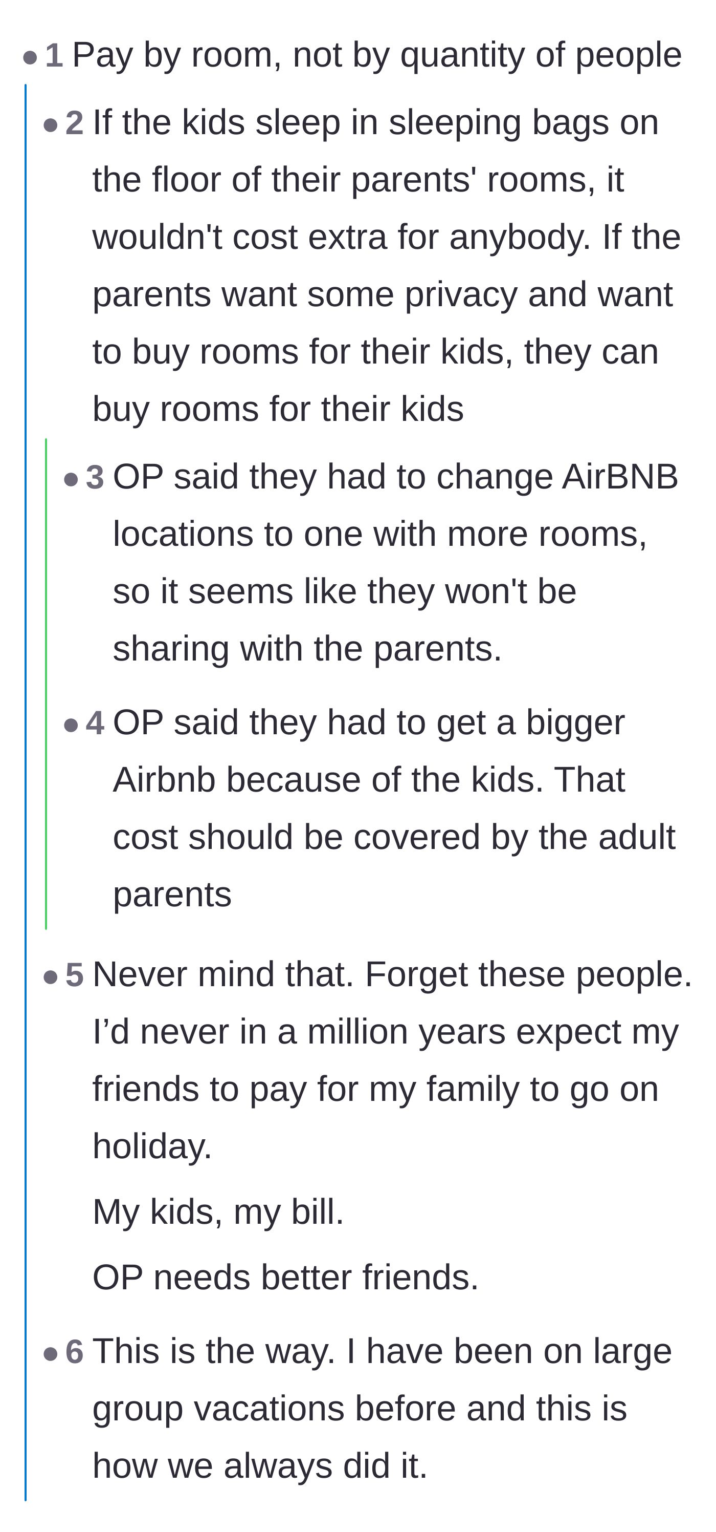 Comment thread 1 - Debating splitting costs by room and hospitality workers sharing frustrations about parents not counting kids as people