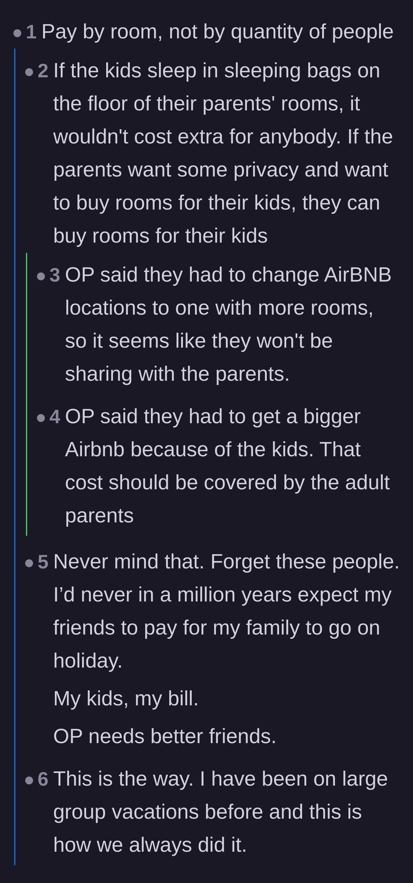 Comment thread 1 - Debating splitting costs by room and hospitality workers sharing frustrations about parents not counting kids as people