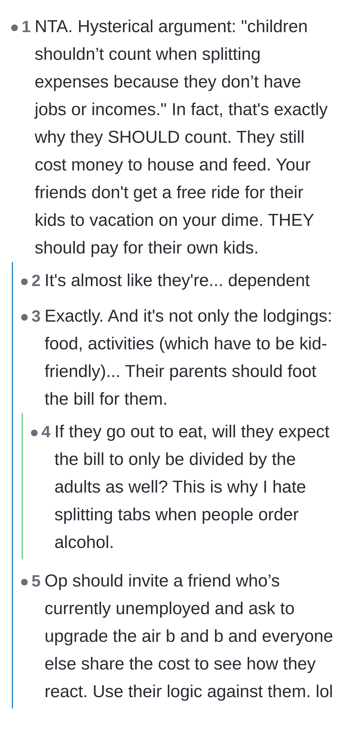 Comment thread 2 - Calling out the flawed logic of kids not having jobs and comparing it to splitting bar tabs unevenly