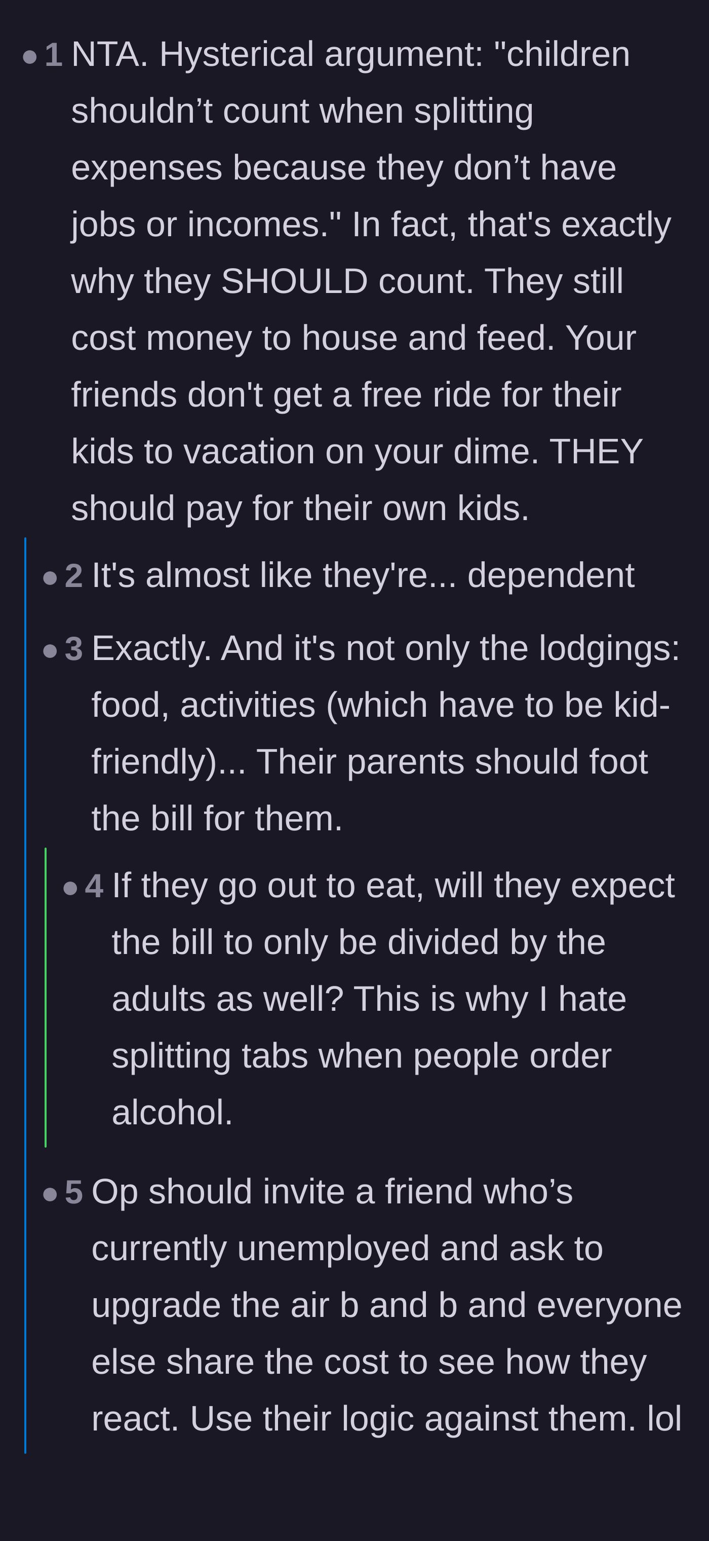 Comment thread 2 - Calling out the flawed logic of kids not having jobs and comparing it to splitting bar tabs unevenly