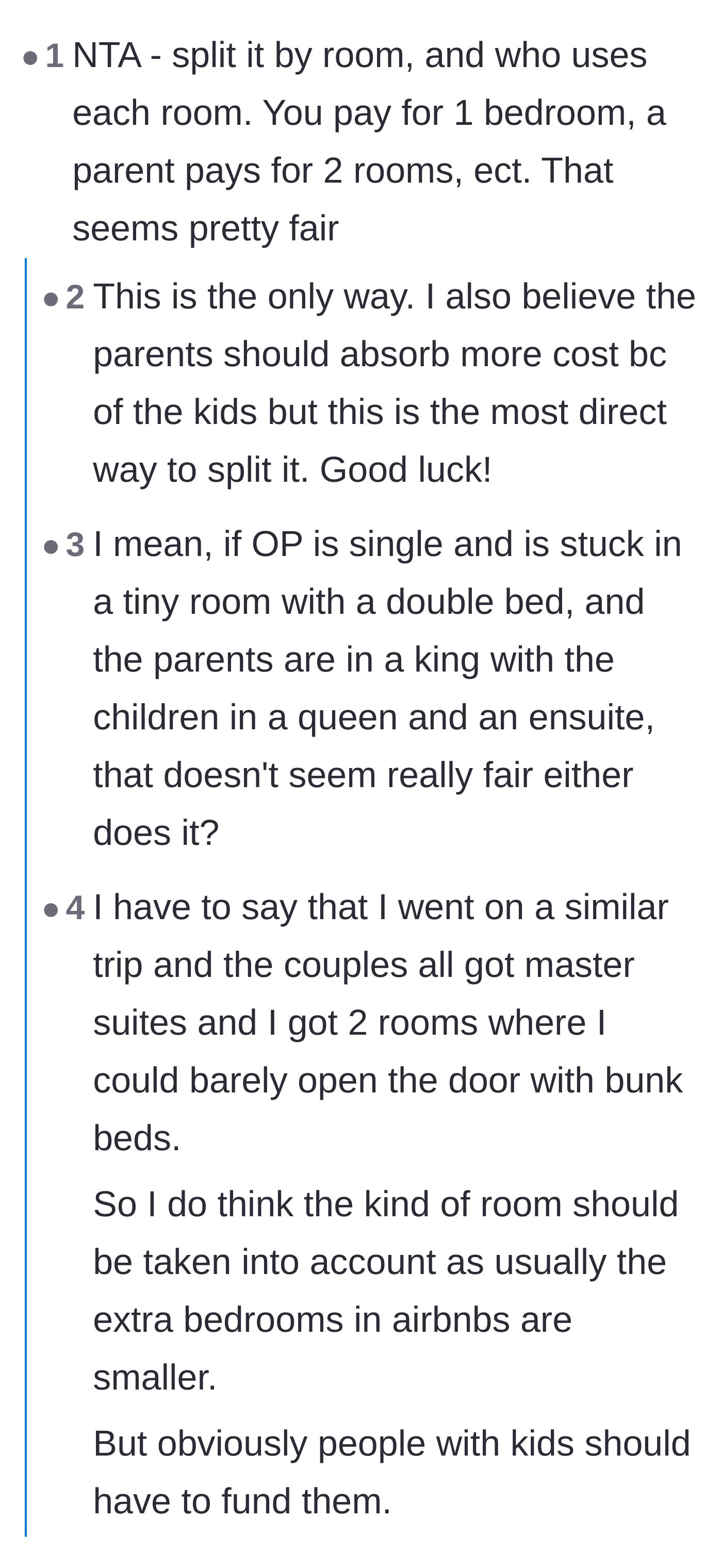 Comment thread 3 - Discussing the fairness of splitting by room size when single friends get stuck with the smallest bedrooms