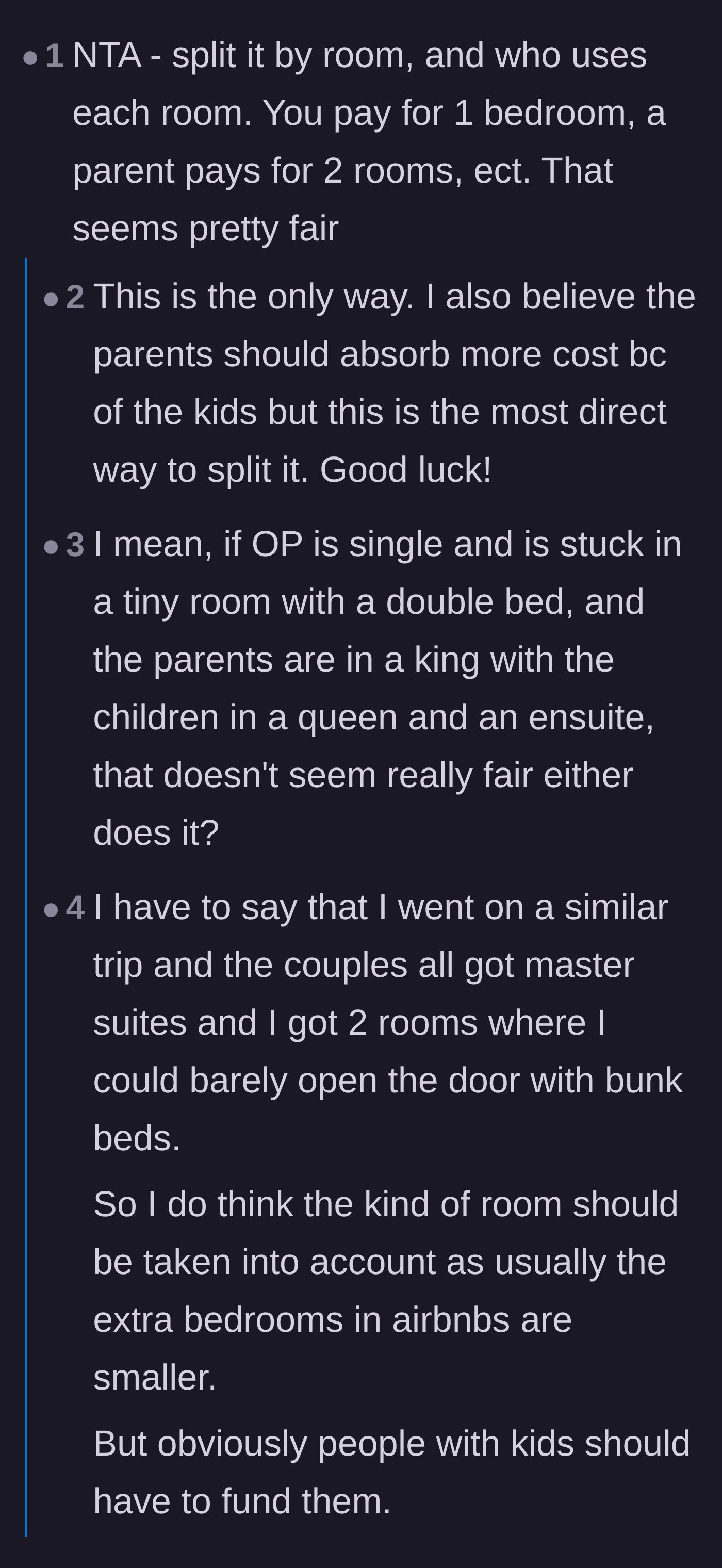 Comment thread 3 - Discussing the fairness of splitting by room size when single friends get stuck with the smallest bedrooms