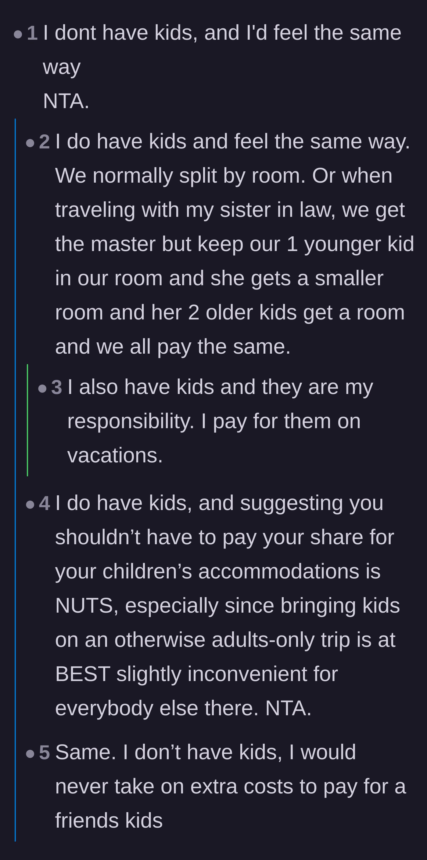 Comment thread 4 - Parents and childfree commenters uniting to agree that parents must pay for their own children