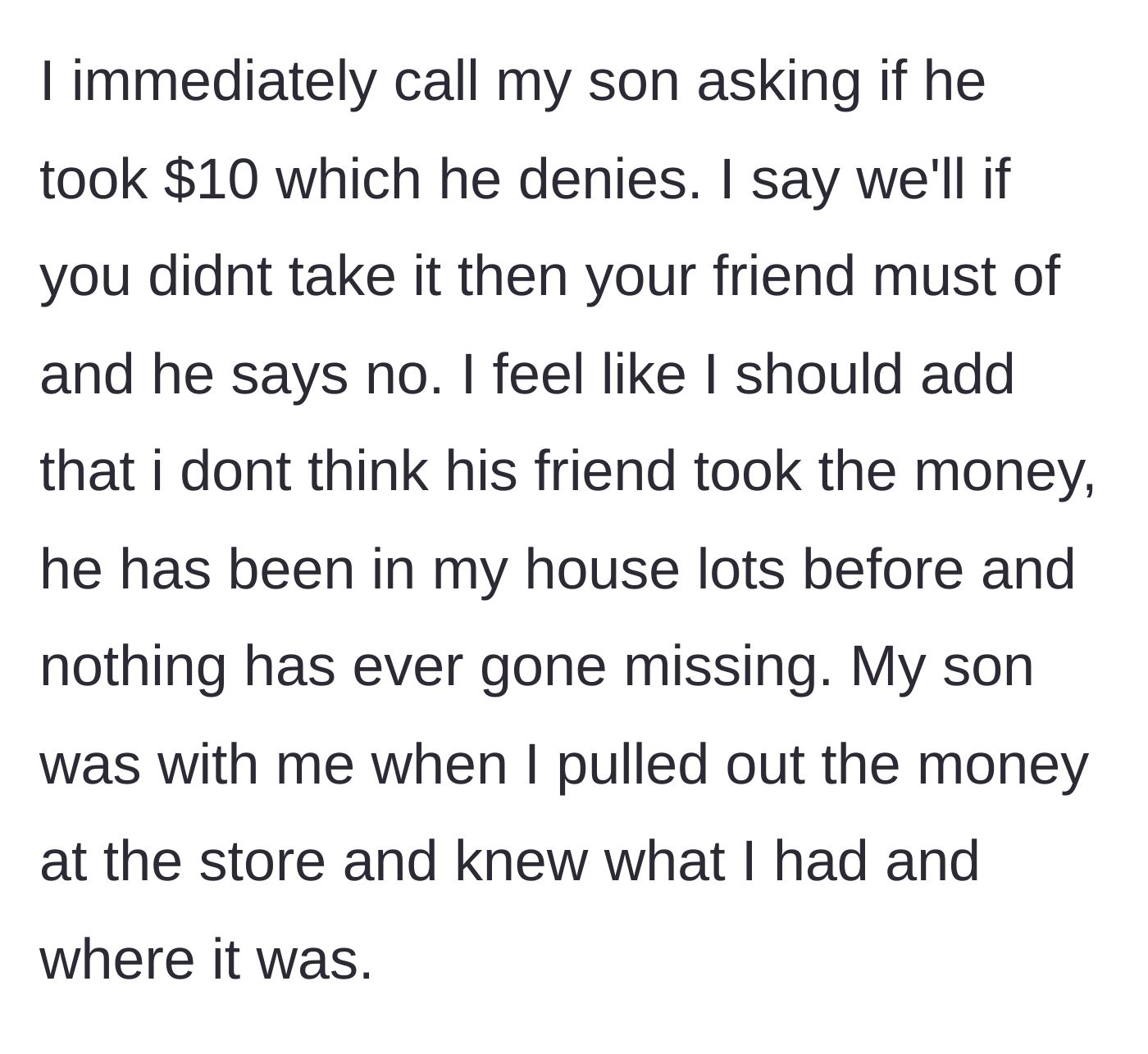 Story part 4 - The mother confronts her son over the phone; he denies taking the money and defends his friend.