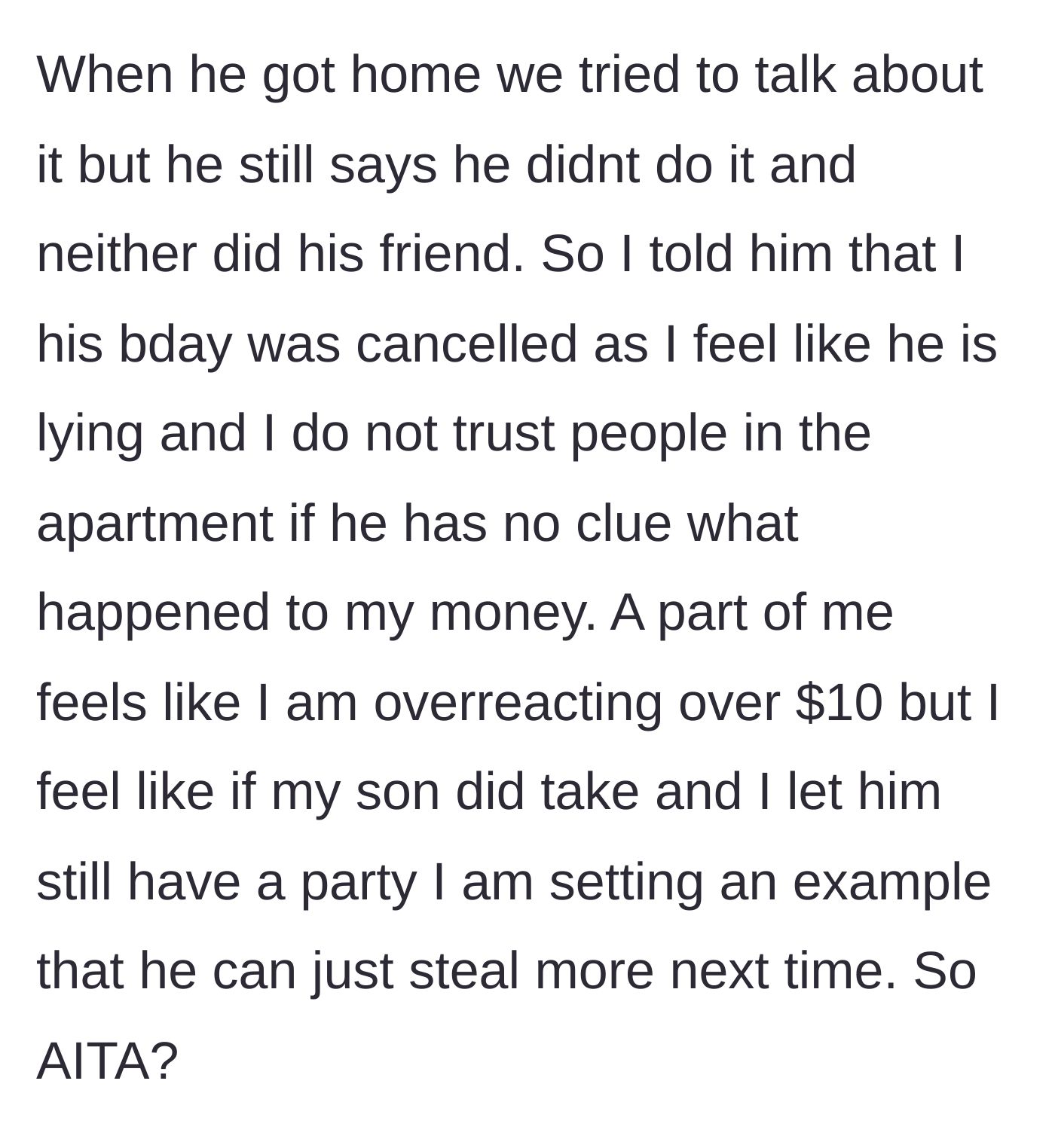 Story part 6 - The mother makes the painful decision to cancel the birthday party to avoid rewarding bad behavior, wondering if she went too far.