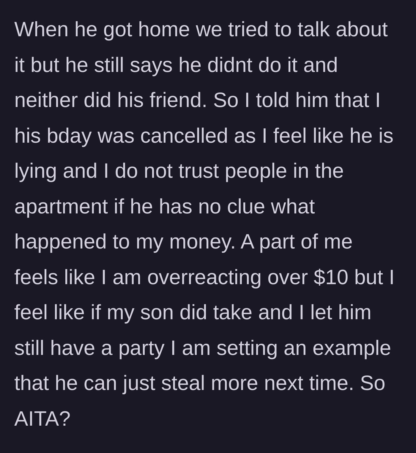 Story part 6 - The mother makes the painful decision to cancel the birthday party to avoid rewarding bad behavior, wondering if she went too far.