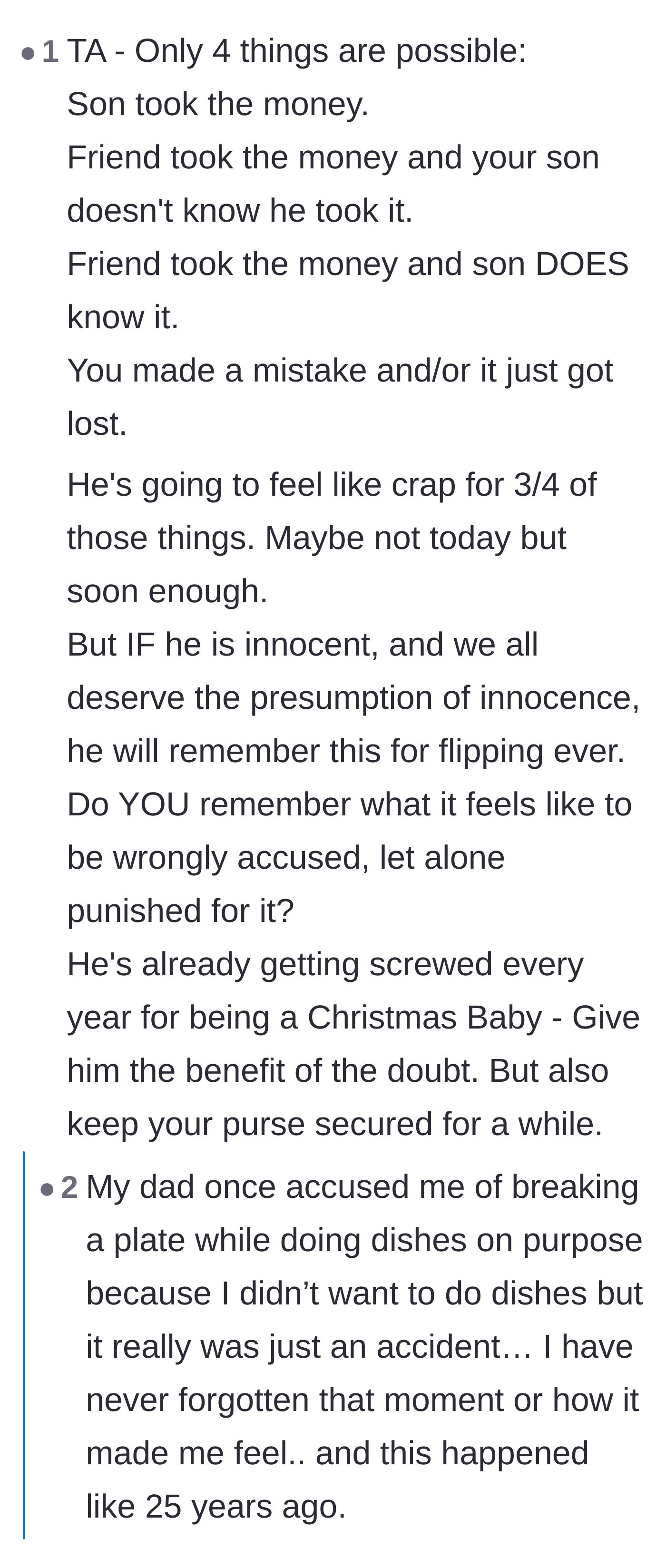 Comment thread 1 - People sharing painful childhood memories of being falsely accused by their parents