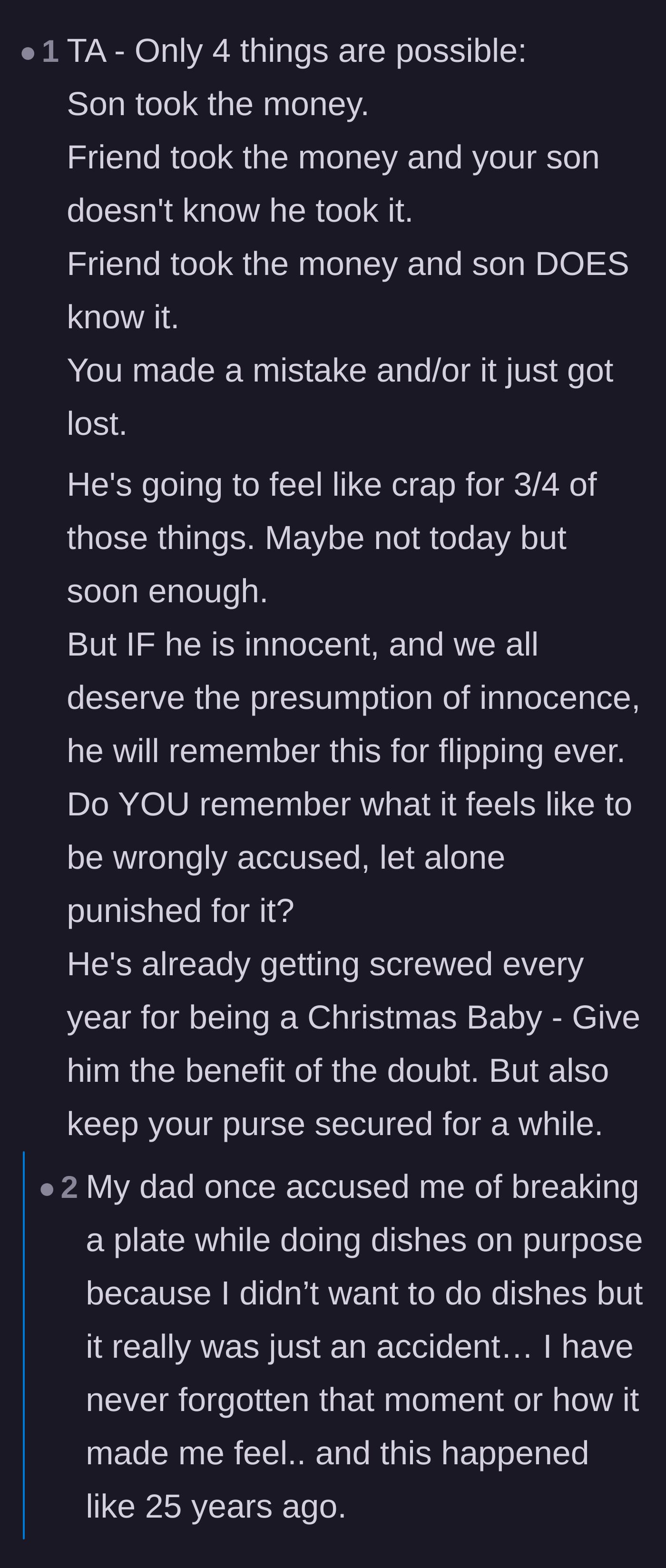 Comment thread 1 - People sharing painful childhood memories of being falsely accused by their parents