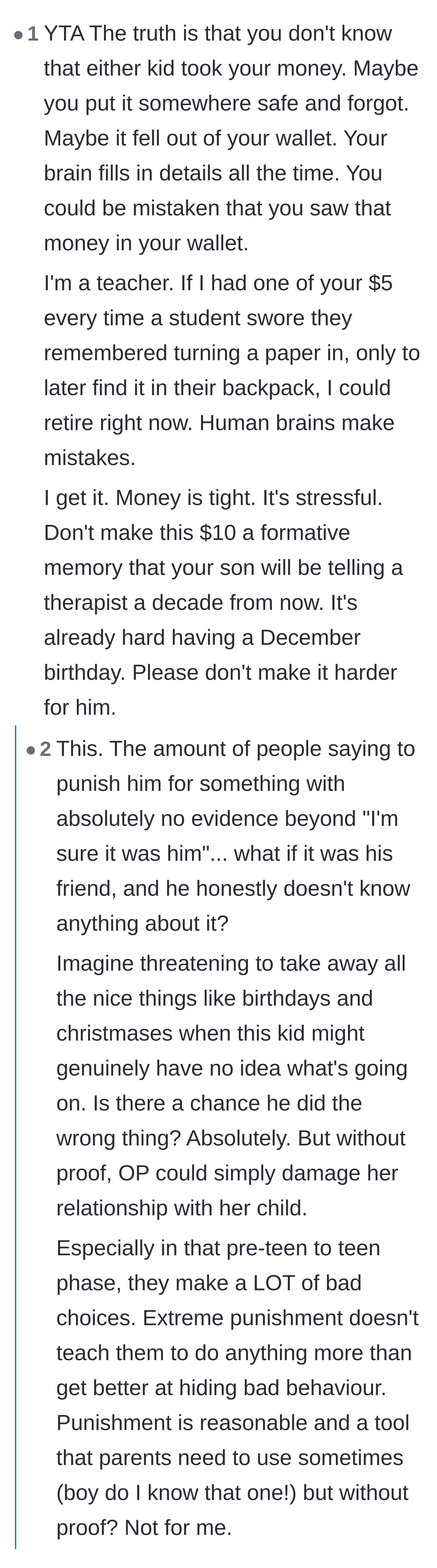 Comment thread 2 - Advice reminding the mother that memories are flawed and warning against extreme punishments without proof