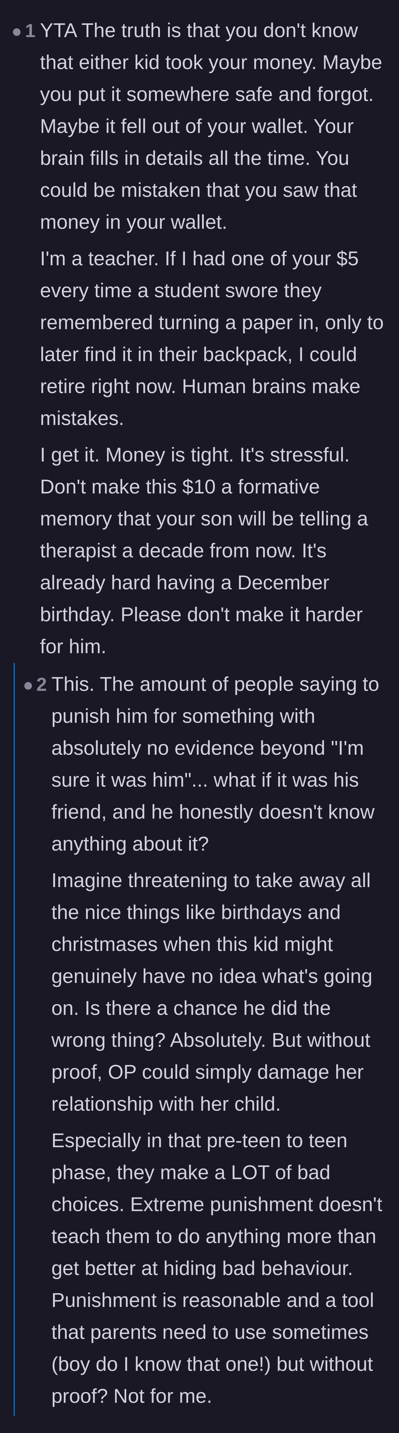 Comment thread 2 - Advice reminding the mother that memories are flawed and warning against extreme punishments without proof