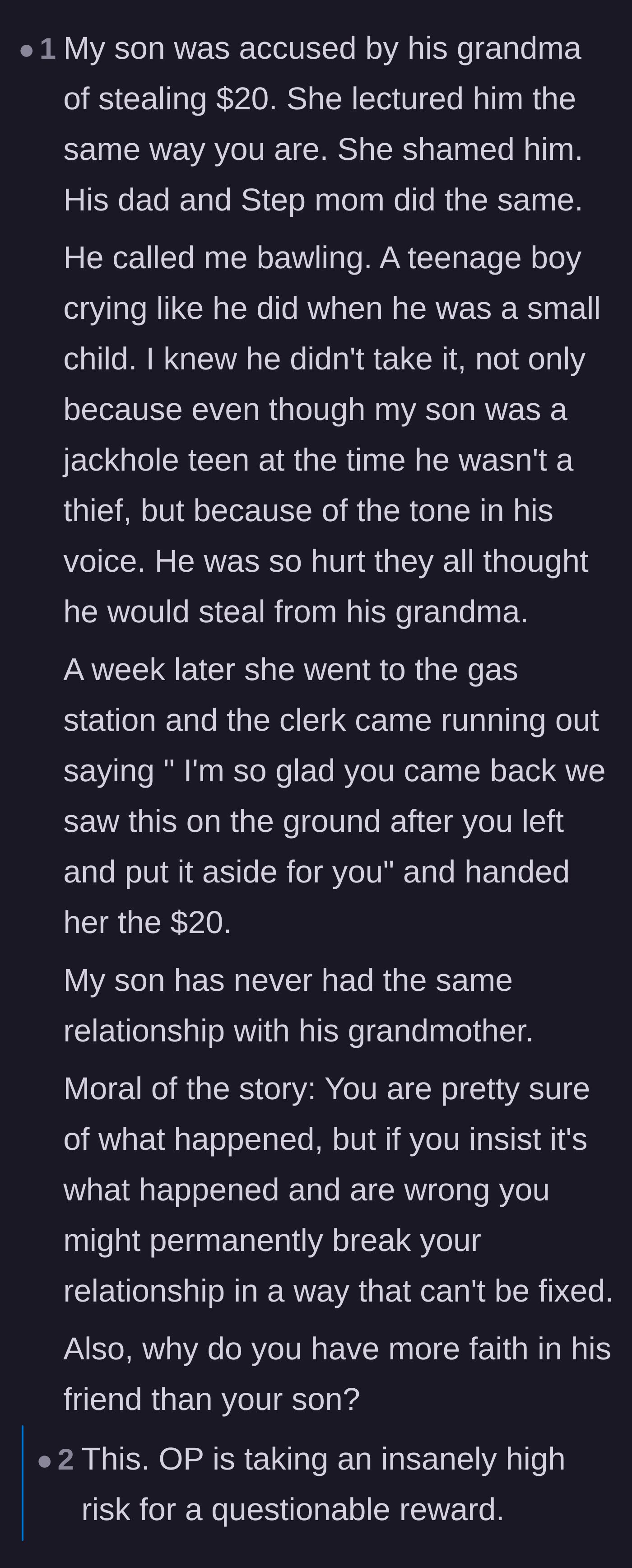 Comment thread 3 - A cautionary tale about a grandmother who ruined her relationship with her grandson over a false accusation of theft