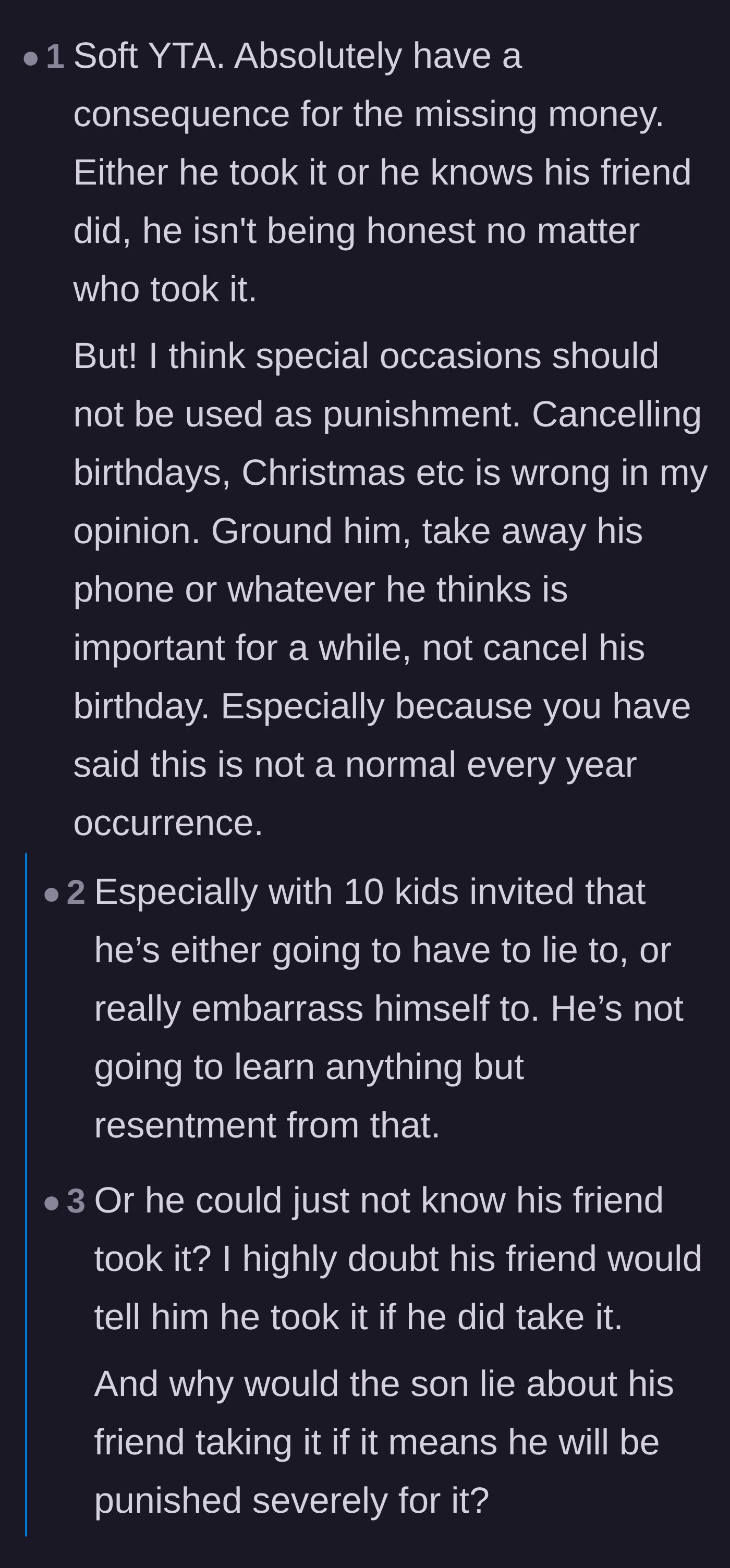 Comment thread 4 - Debate over whether it is ever appropriate to cancel major childhood milestones as a disciplinary measure