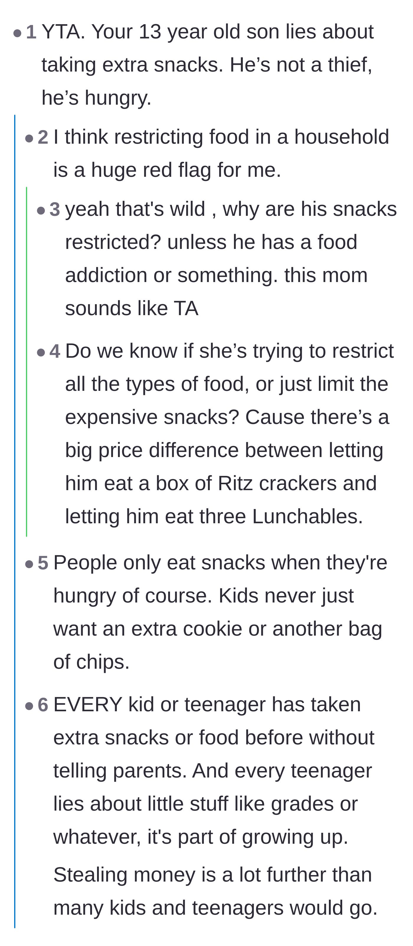 Comment thread 5 - A nuanced debate regarding food insecurity, budget constraints, and whether the son was sneaking snacks out of hunger