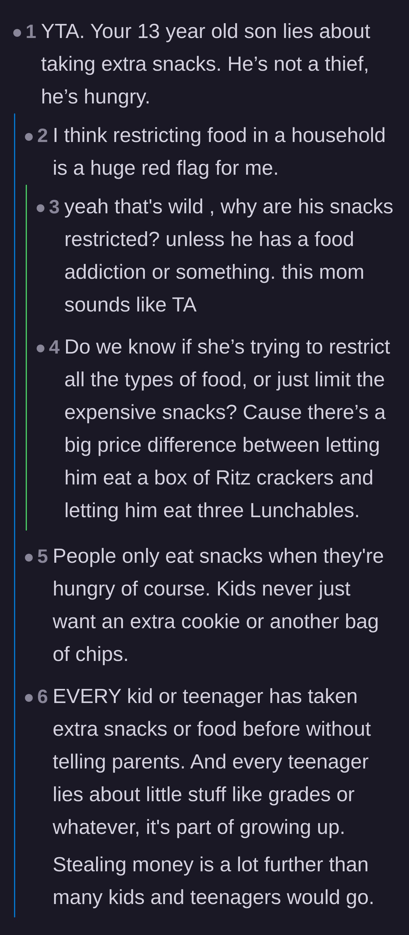 Comment thread 5 - A nuanced debate regarding food insecurity, budget constraints, and whether the son was sneaking snacks out of hunger