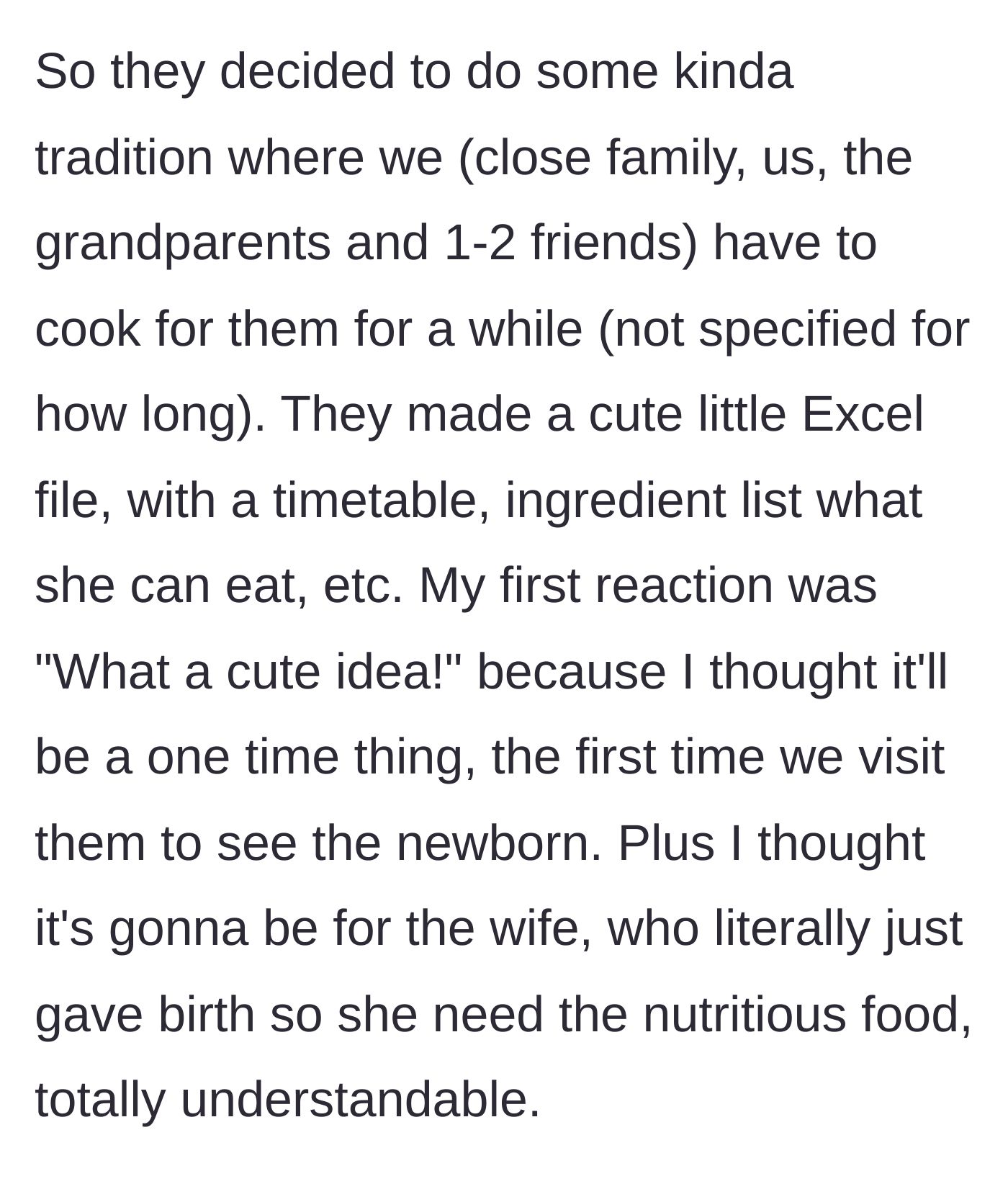 Story part 2 - An Excel spreadsheet is sent out detailing a cooking schedule and dietary requirements for the family.