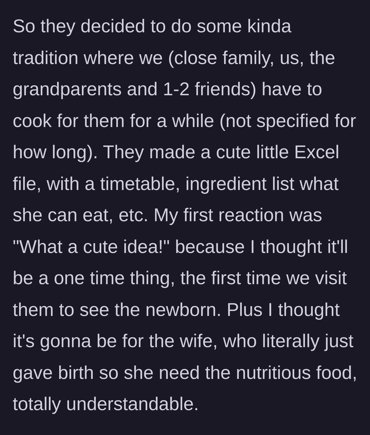 Story part 2 - An Excel spreadsheet is sent out detailing a cooking schedule and dietary requirements for the family.