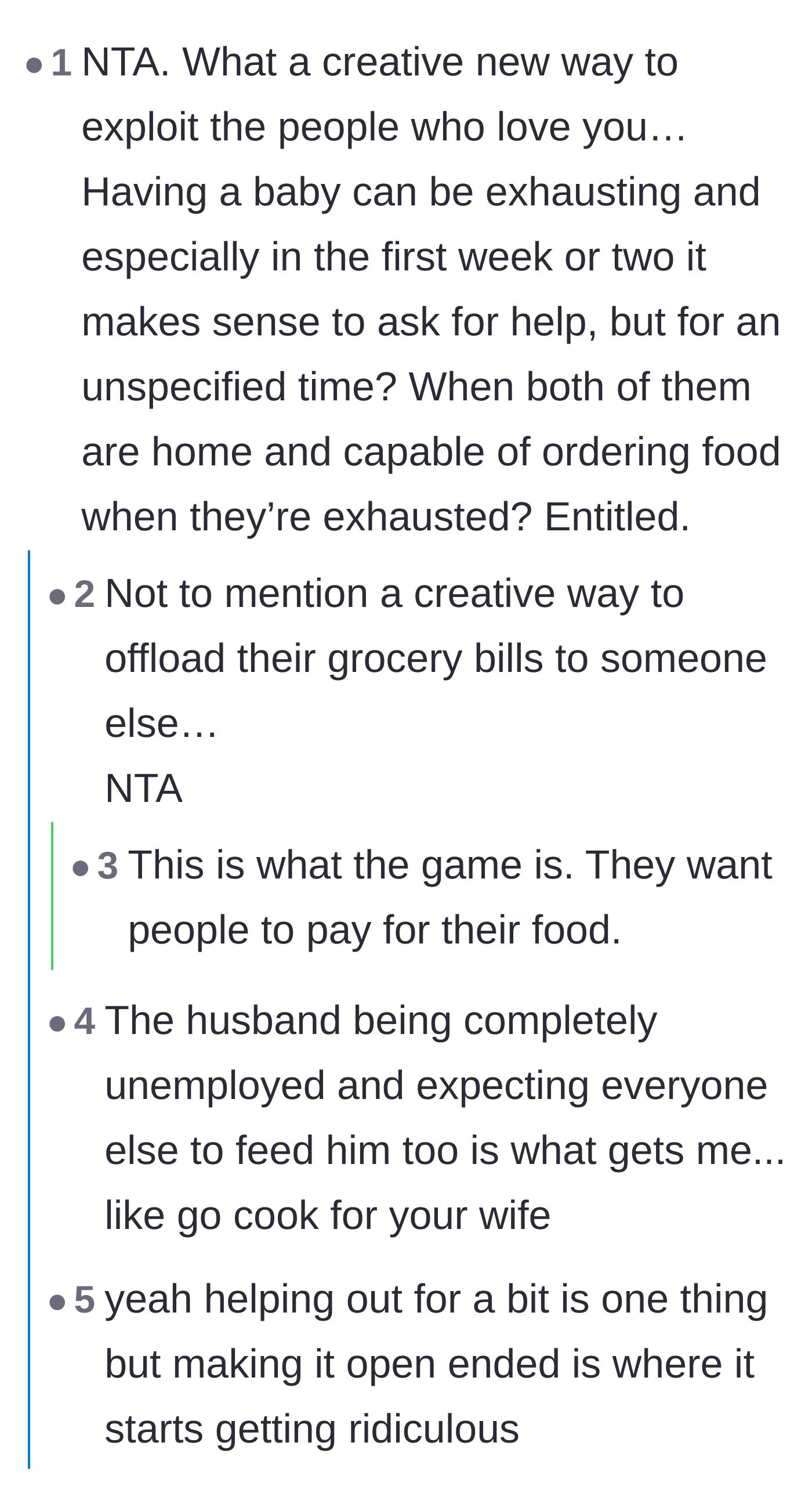 Comment thread 1 - Thread skewering the couple for exploiting their loved ones to avoid paying for their own groceries.