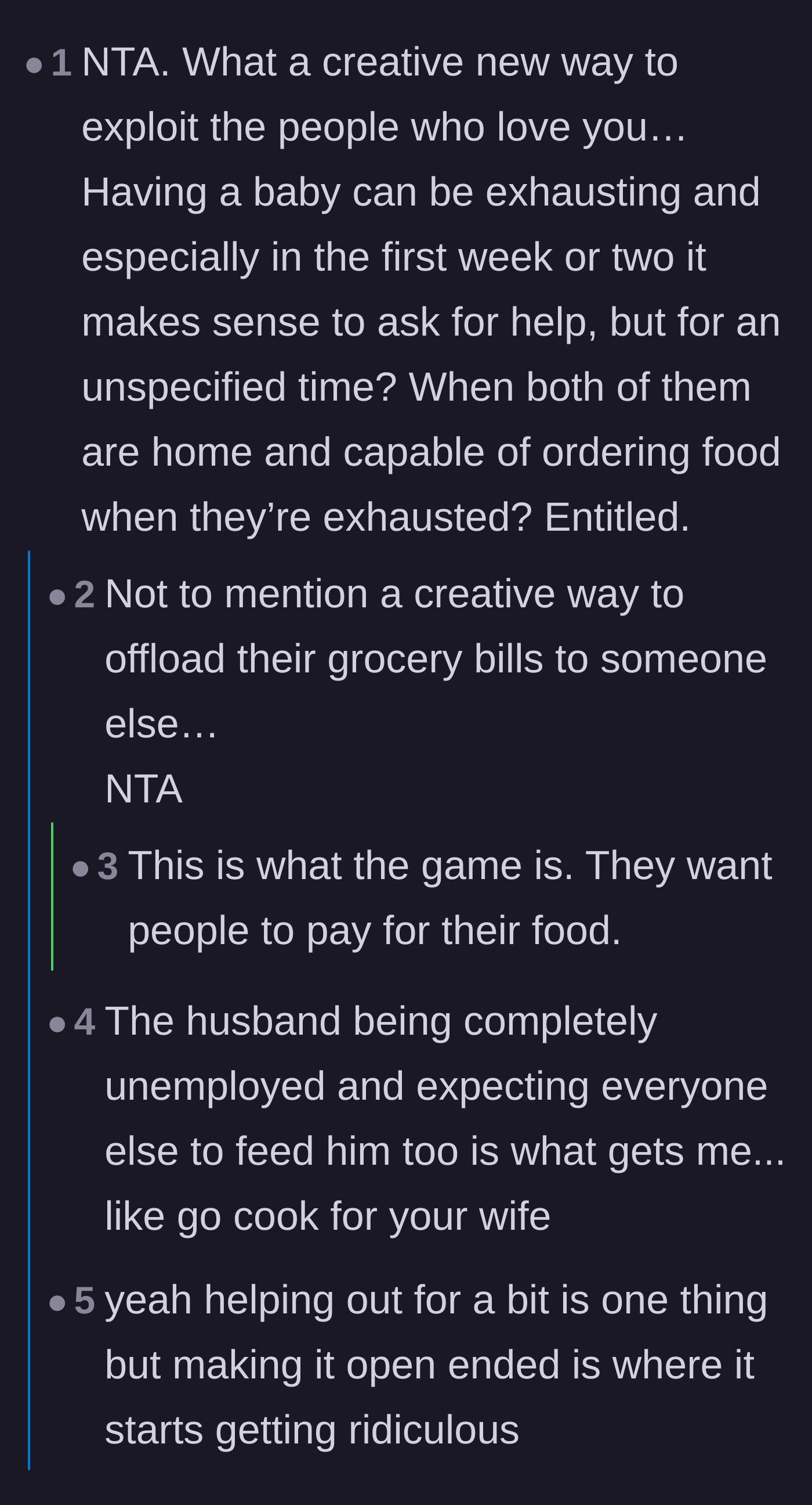 Comment thread 1 - Thread skewering the couple for exploiting their loved ones to avoid paying for their own groceries.