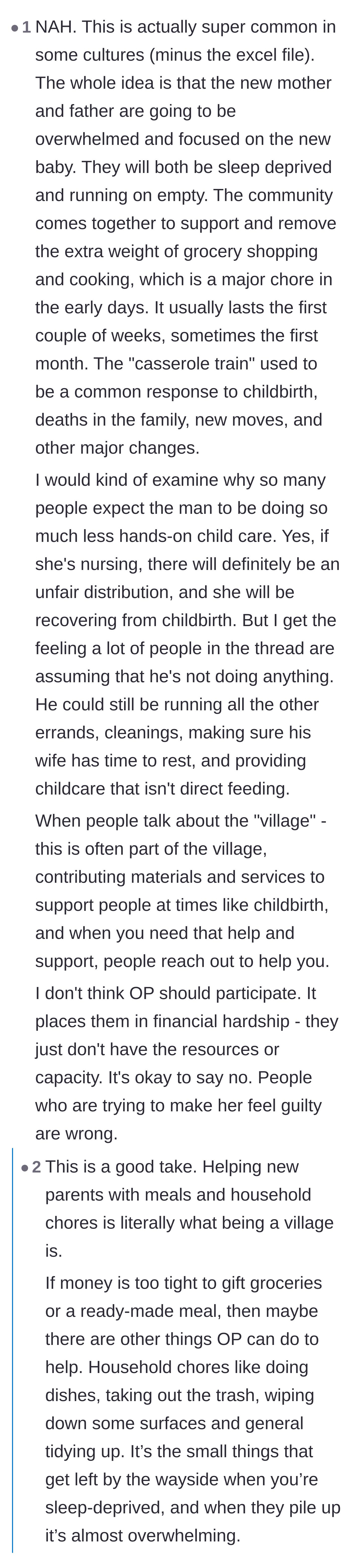 Comment thread 2 - Thread debating the cultural norm of a 'village' and defending the new parents' expectations.