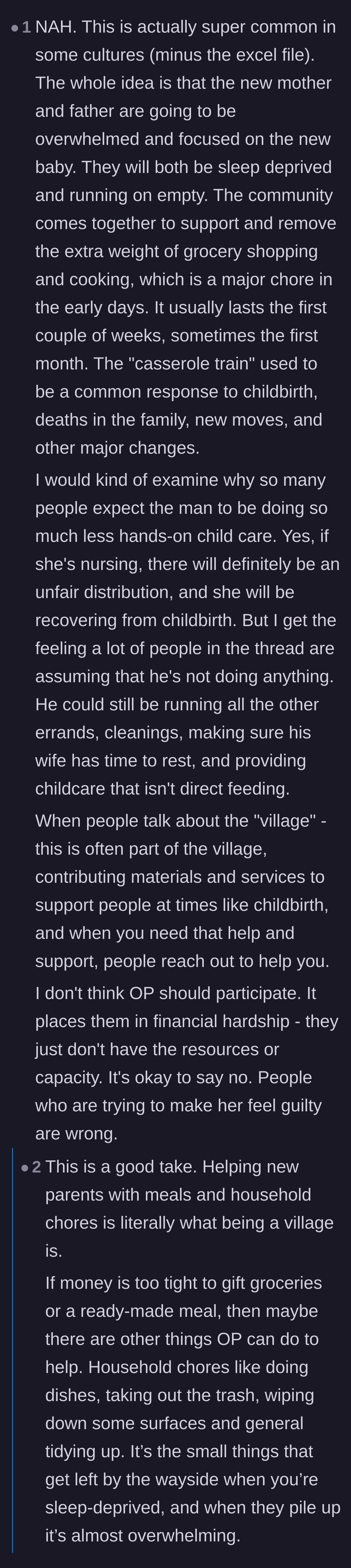 Comment thread 2 - Thread debating the cultural norm of a 'village' and defending the new parents' expectations.
