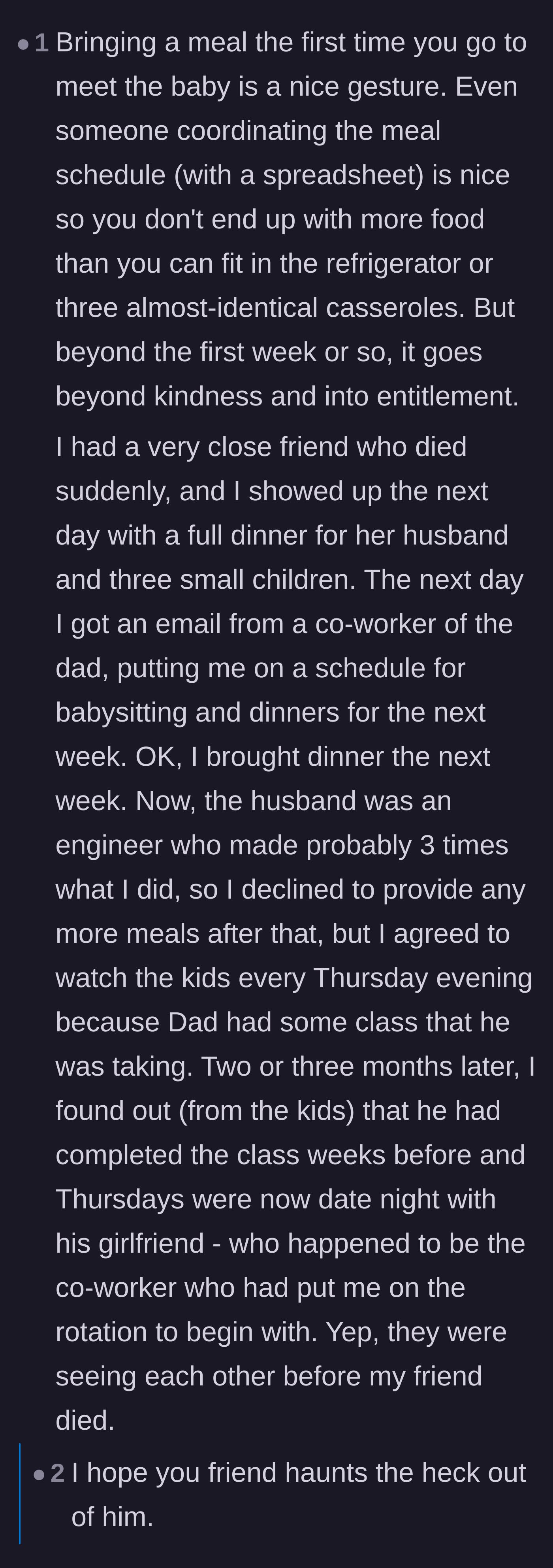 Comment thread 4 - Thread sharing a wild personal story about a widower exploiting a friend's babysitting favors to carry on an affair.