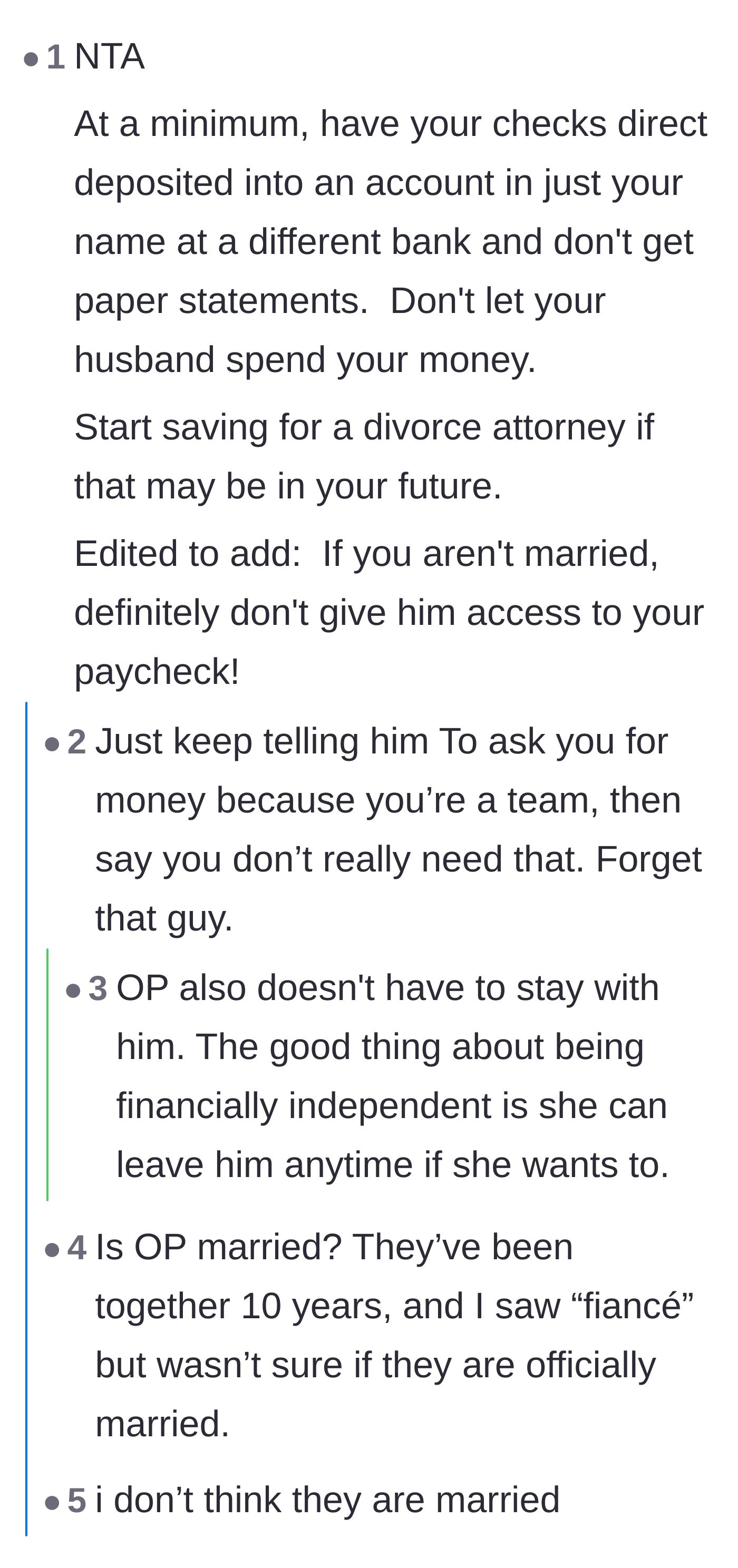 Comment thread 1 - Readers advise the mother to separate her bank accounts and are relieved to learn the couple is not legally married.