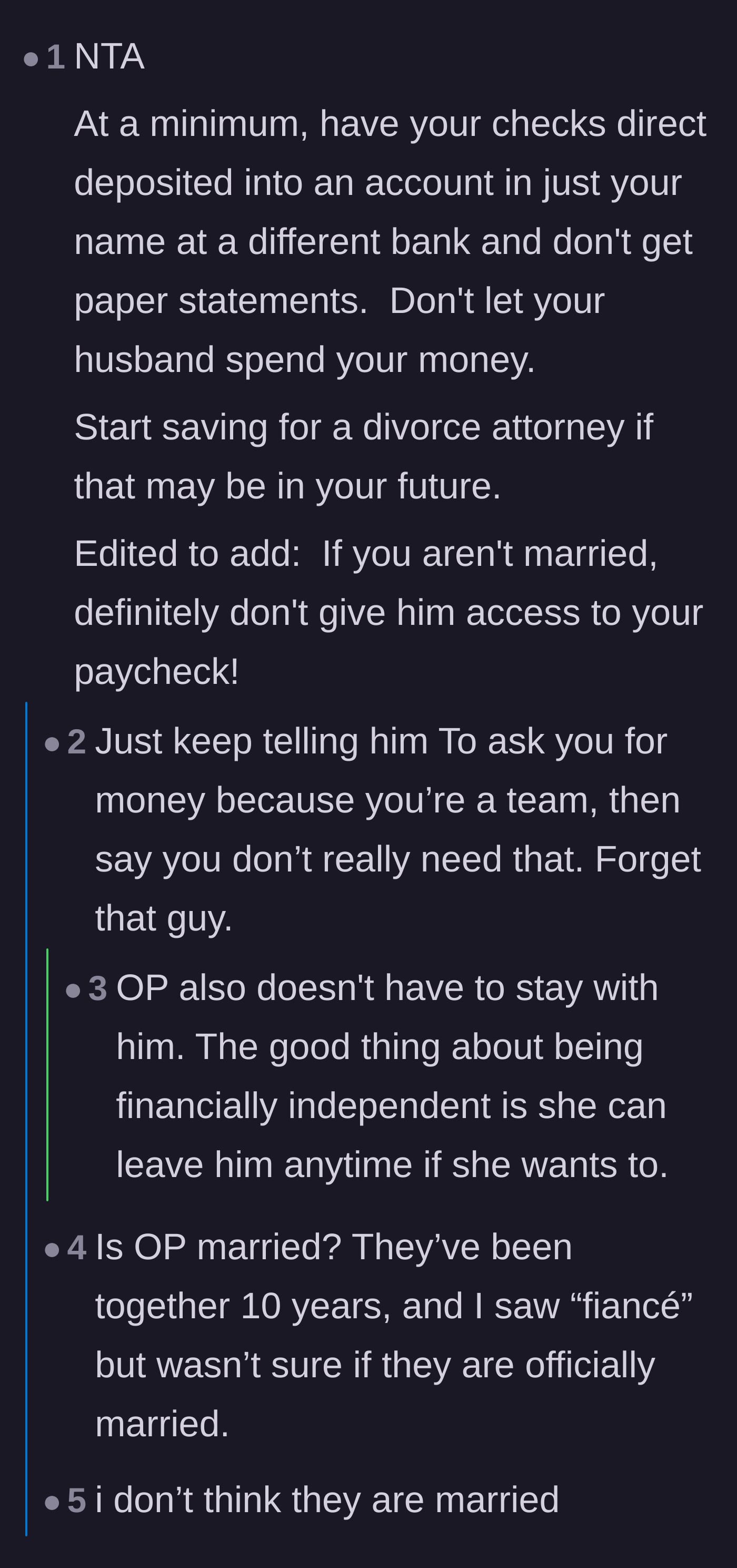 Comment thread 1 - Readers advise the mother to separate her bank accounts and are relieved to learn the couple is not legally married.
