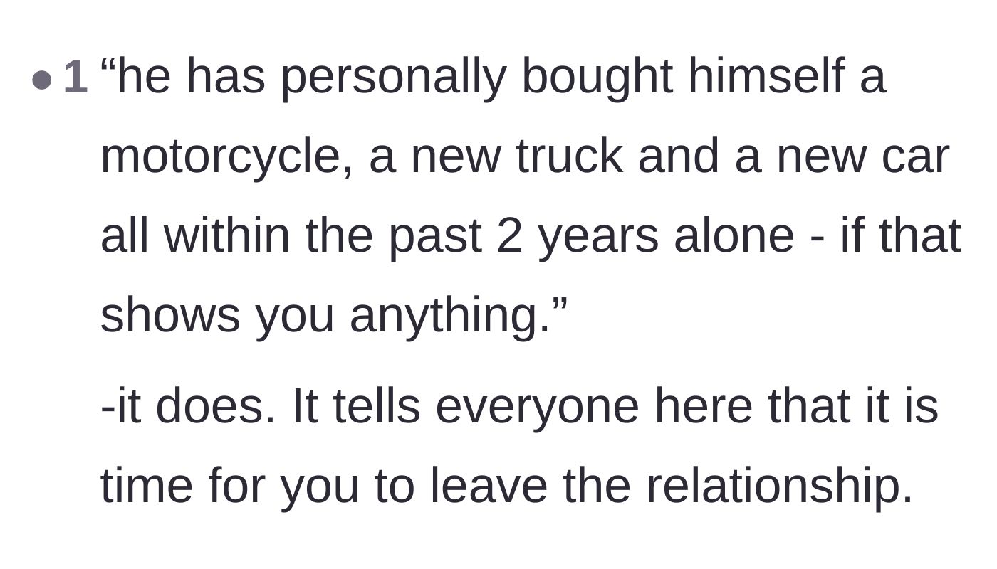 Comment thread 3 - A reader highlights that the fiancé buying three vehicles for himself is the ultimate proof that it is time to leave.