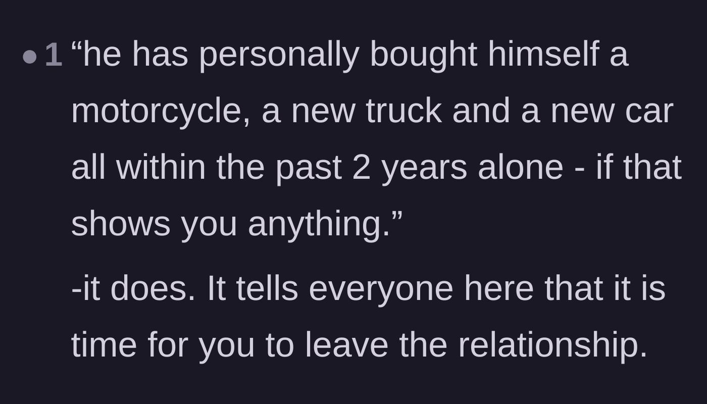 Comment thread 3 - A reader highlights that the fiancé buying three vehicles for himself is the ultimate proof that it is time to leave.