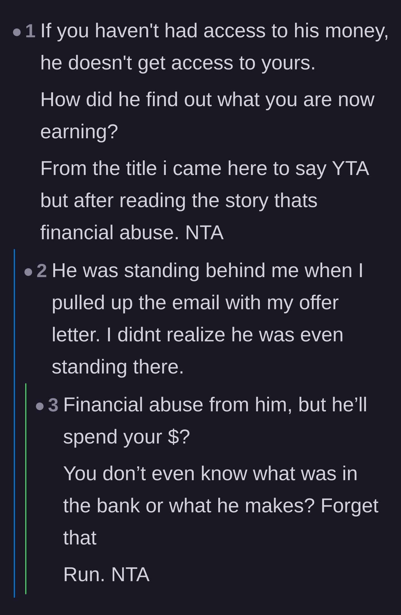 Comment thread 4 - Advice on denying the fiancé access to the new income, with the mother revealing he saw her offer letter by standing over her shoulder.