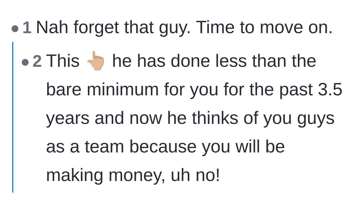 Comment thread 5 - A straightforward comment telling the mother to move on because her partner did less than the bare minimum.