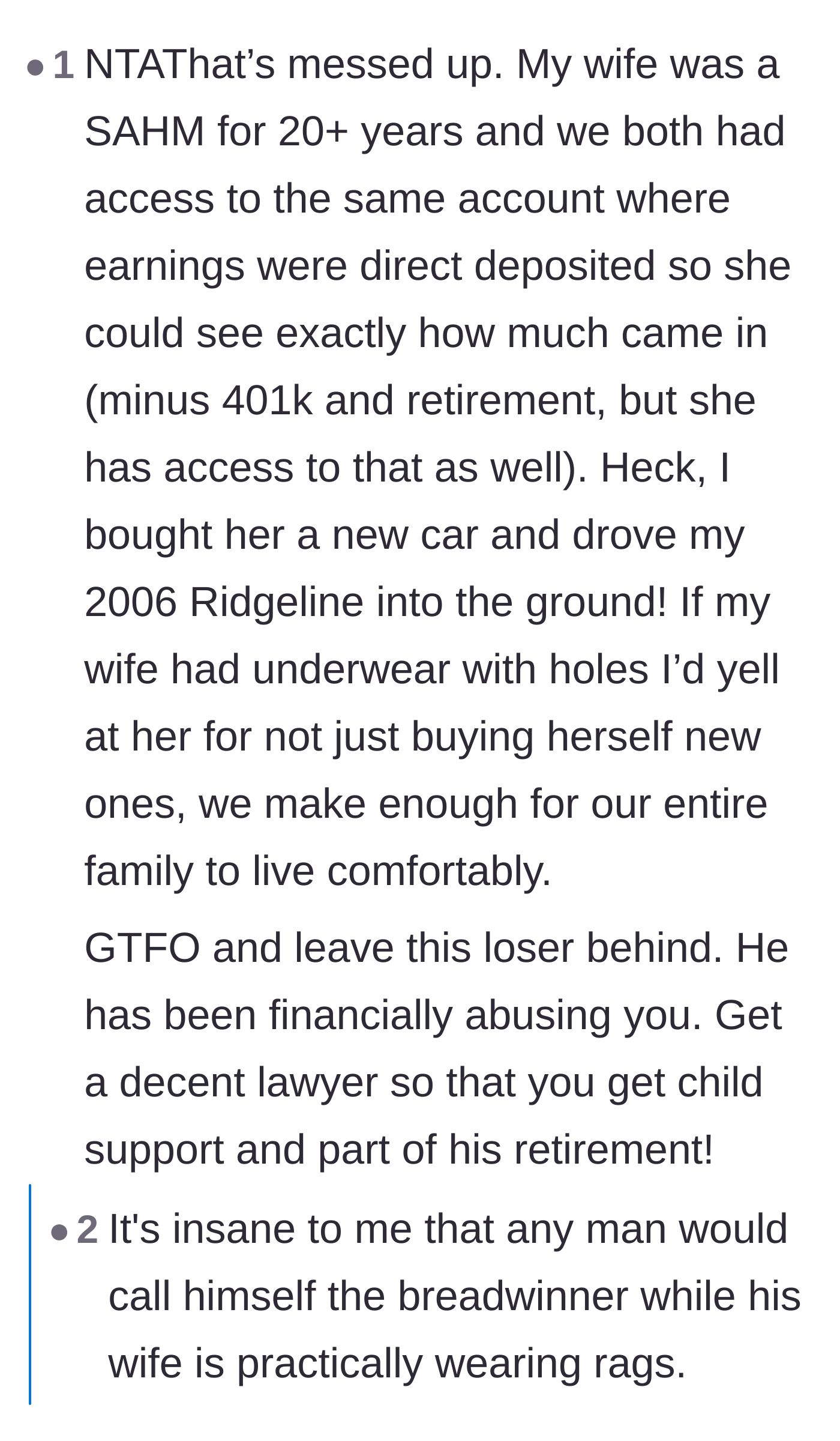 Comment thread 6 - A husband shares how he handles finances with his stay-at-home wife, highlighting the fiancé's abusive behavior by contrast.