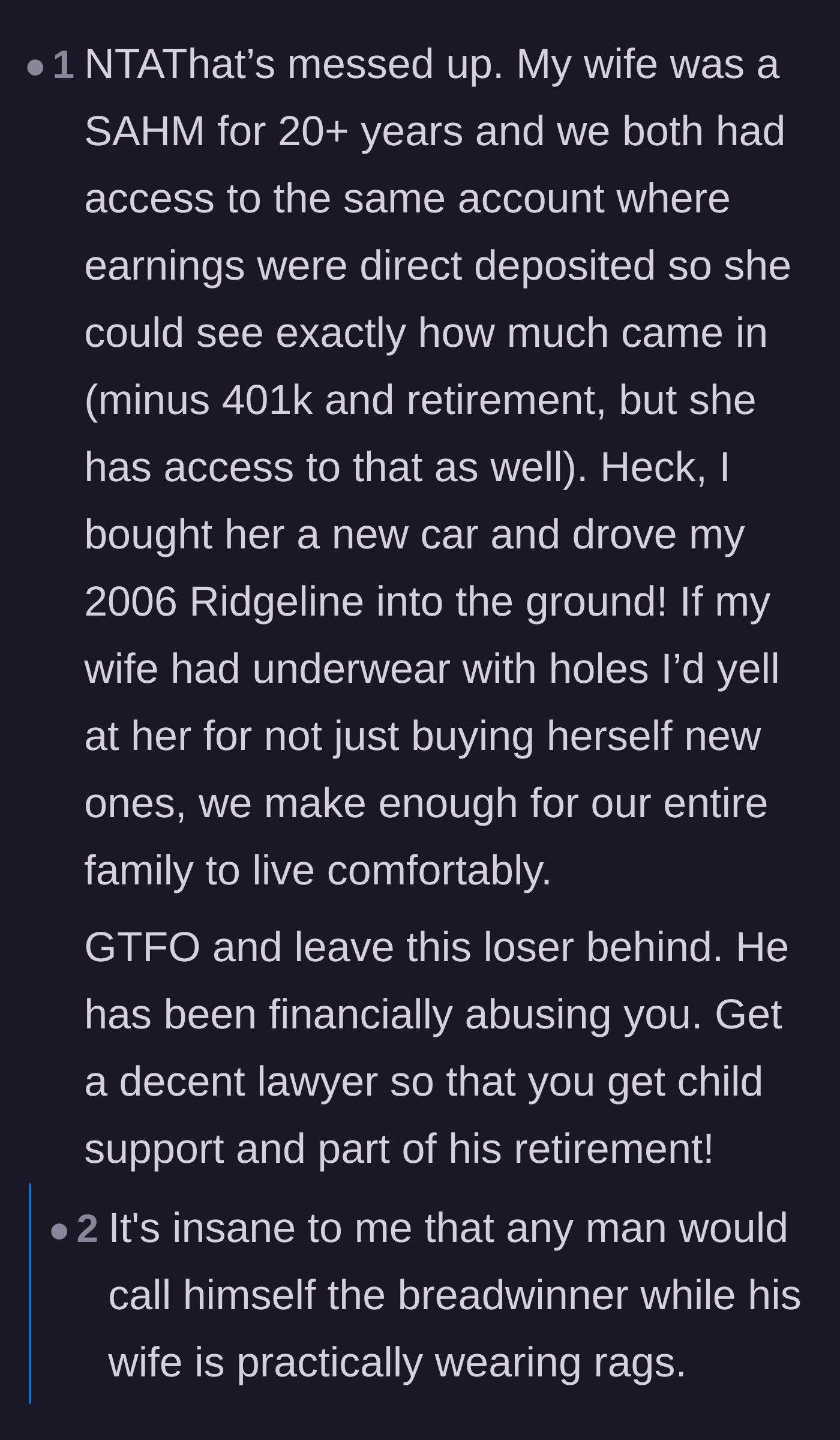 Comment thread 6 - A husband shares how he handles finances with his stay-at-home wife, highlighting the fiancé's abusive behavior by contrast.