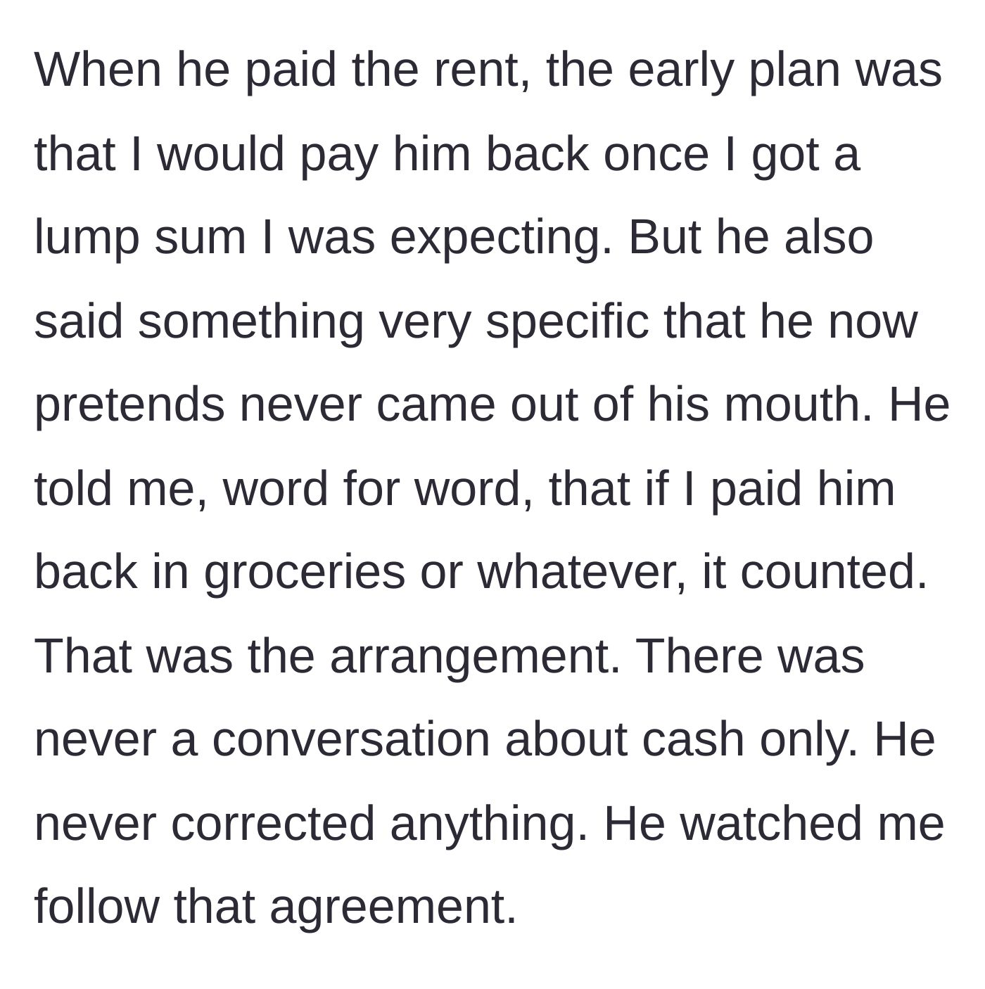 Story part 2 - The verbal agreement to repay the debt via groceries