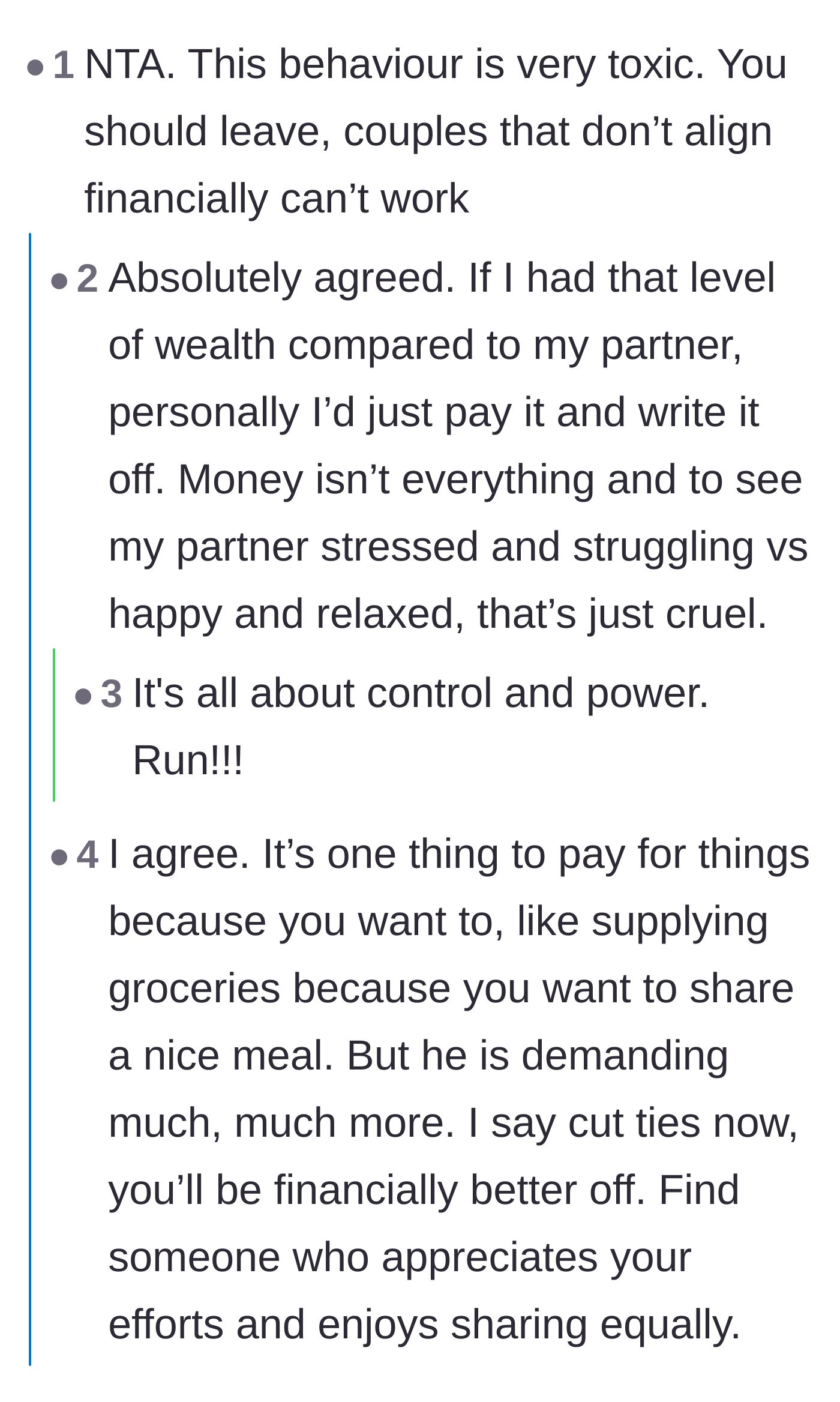 Comment thread 2 - Debating the cruelty of watching a partner struggle financially and suggesting petty retaliation.