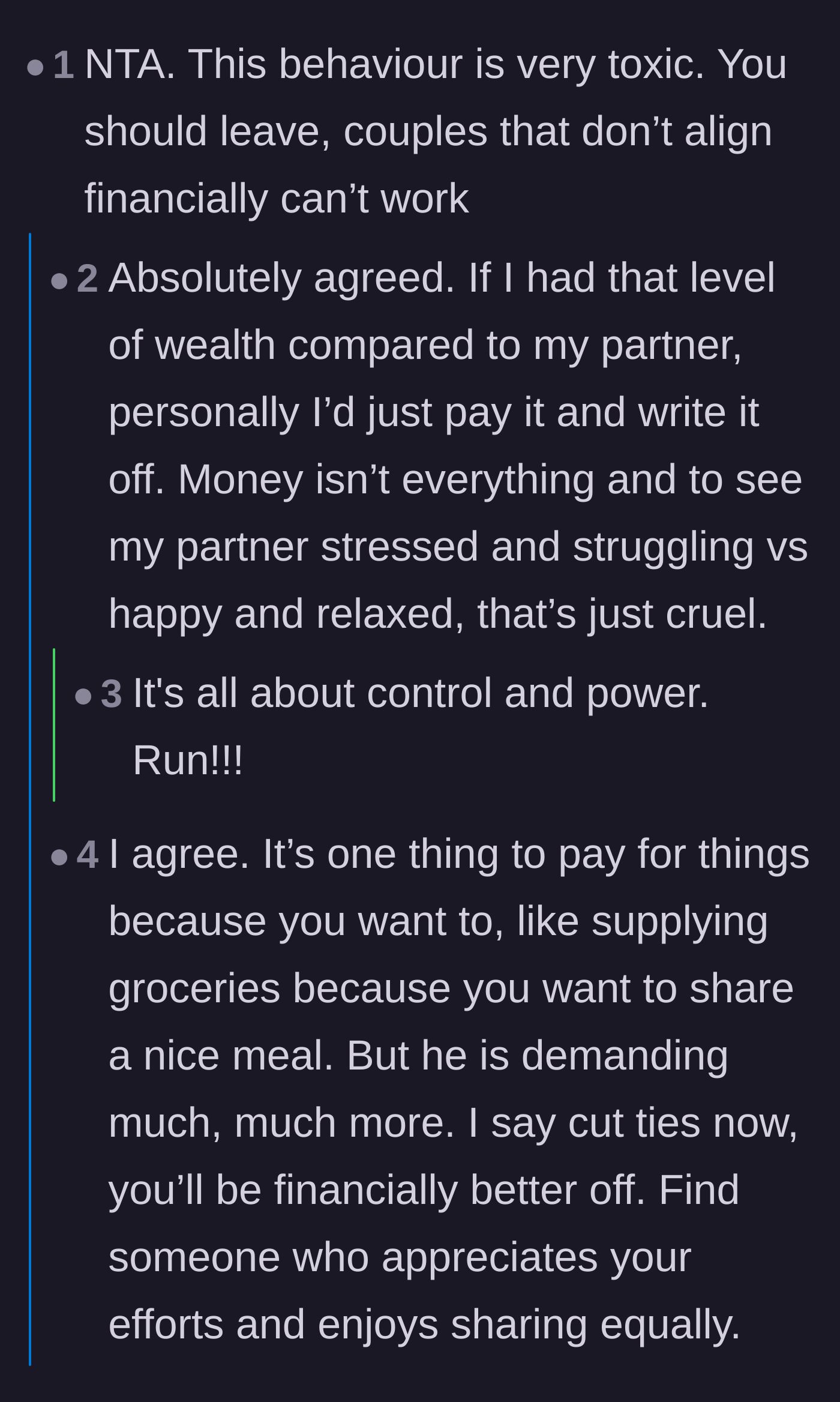 Comment thread 2 - Debating the cruelty of watching a partner struggle financially and suggesting petty retaliation.