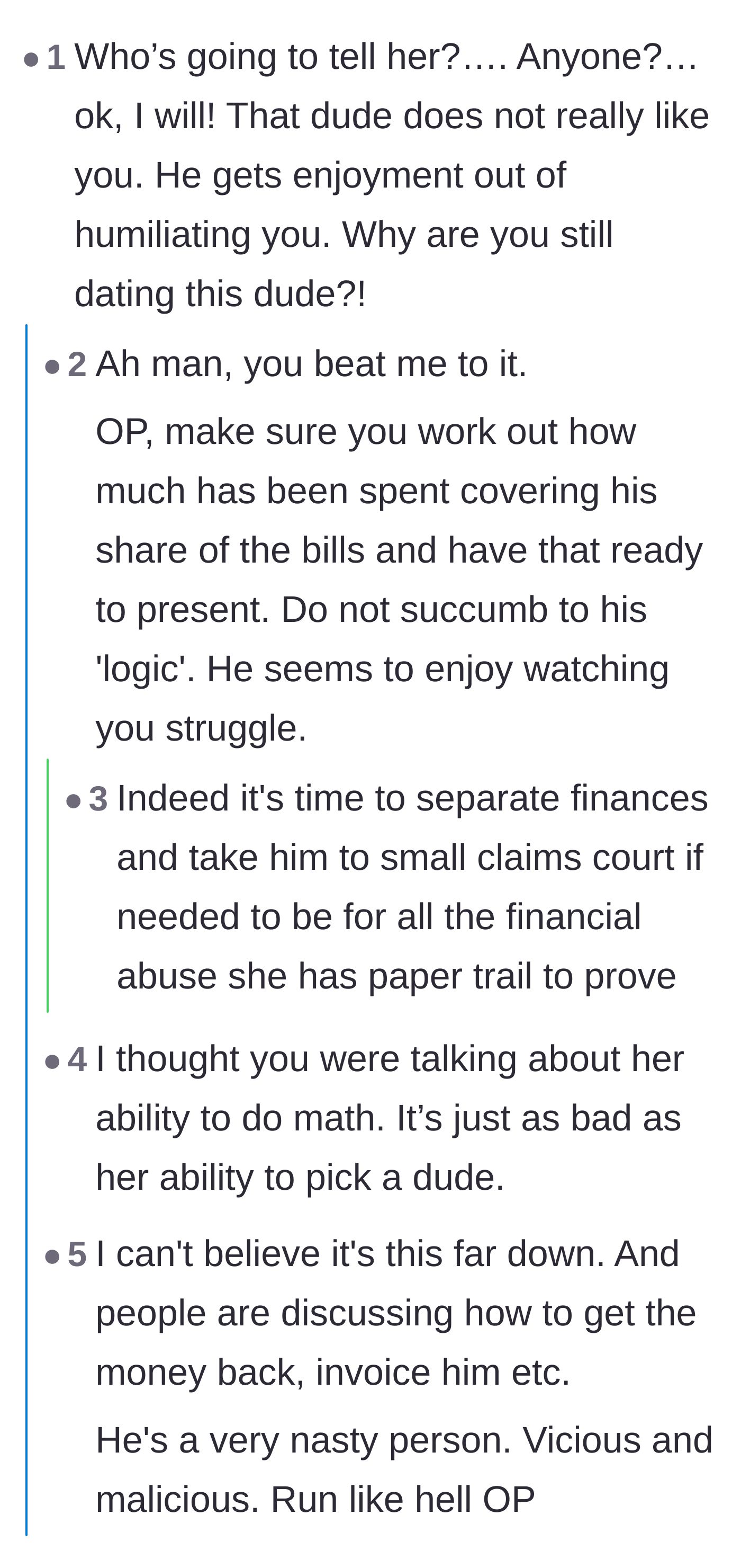 Comment thread 3 - Readers pointing out the boyfriend's malicious enjoyment of her struggle and checking the grocery math.