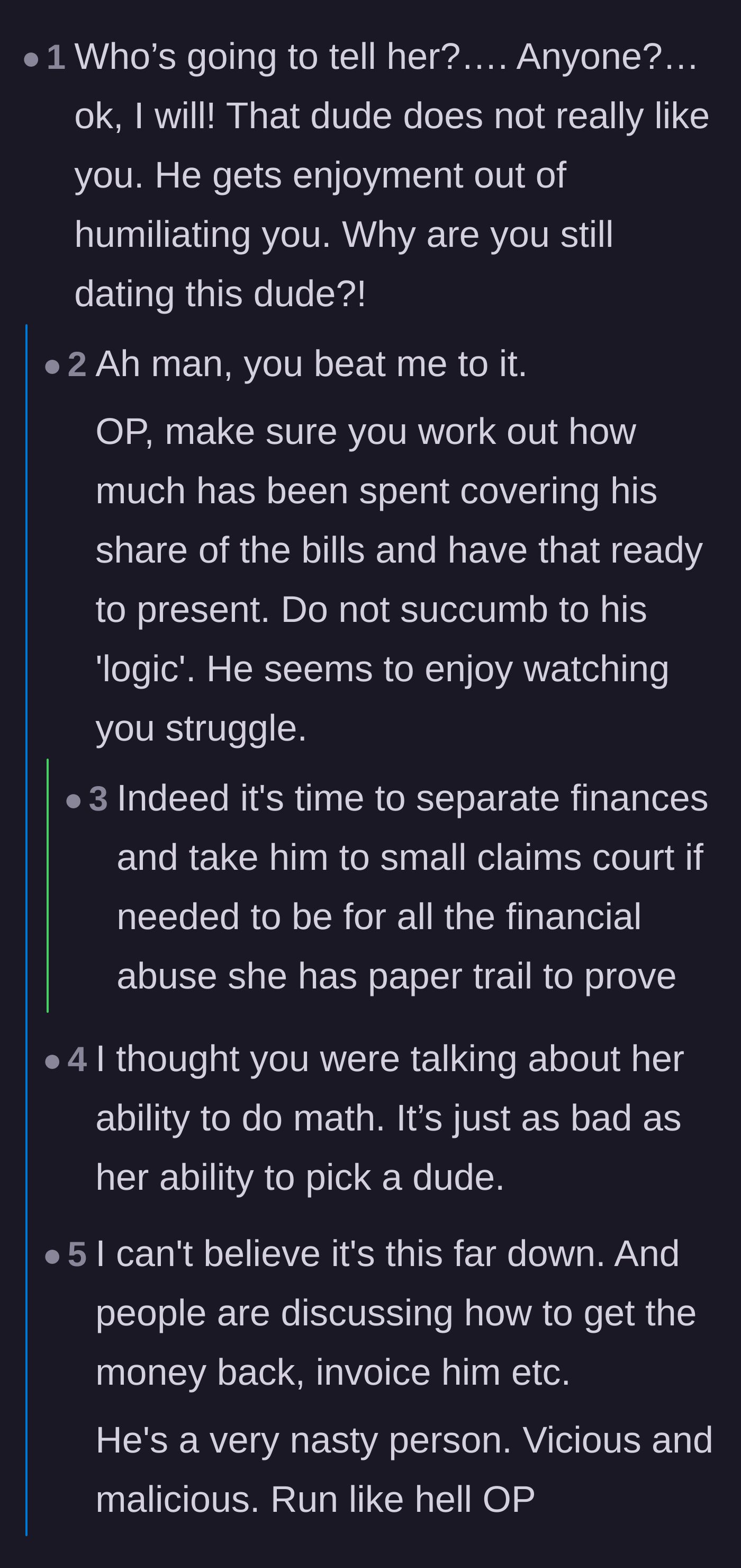 Comment thread 3 - Readers pointing out the boyfriend's malicious enjoyment of her struggle and checking the grocery math.