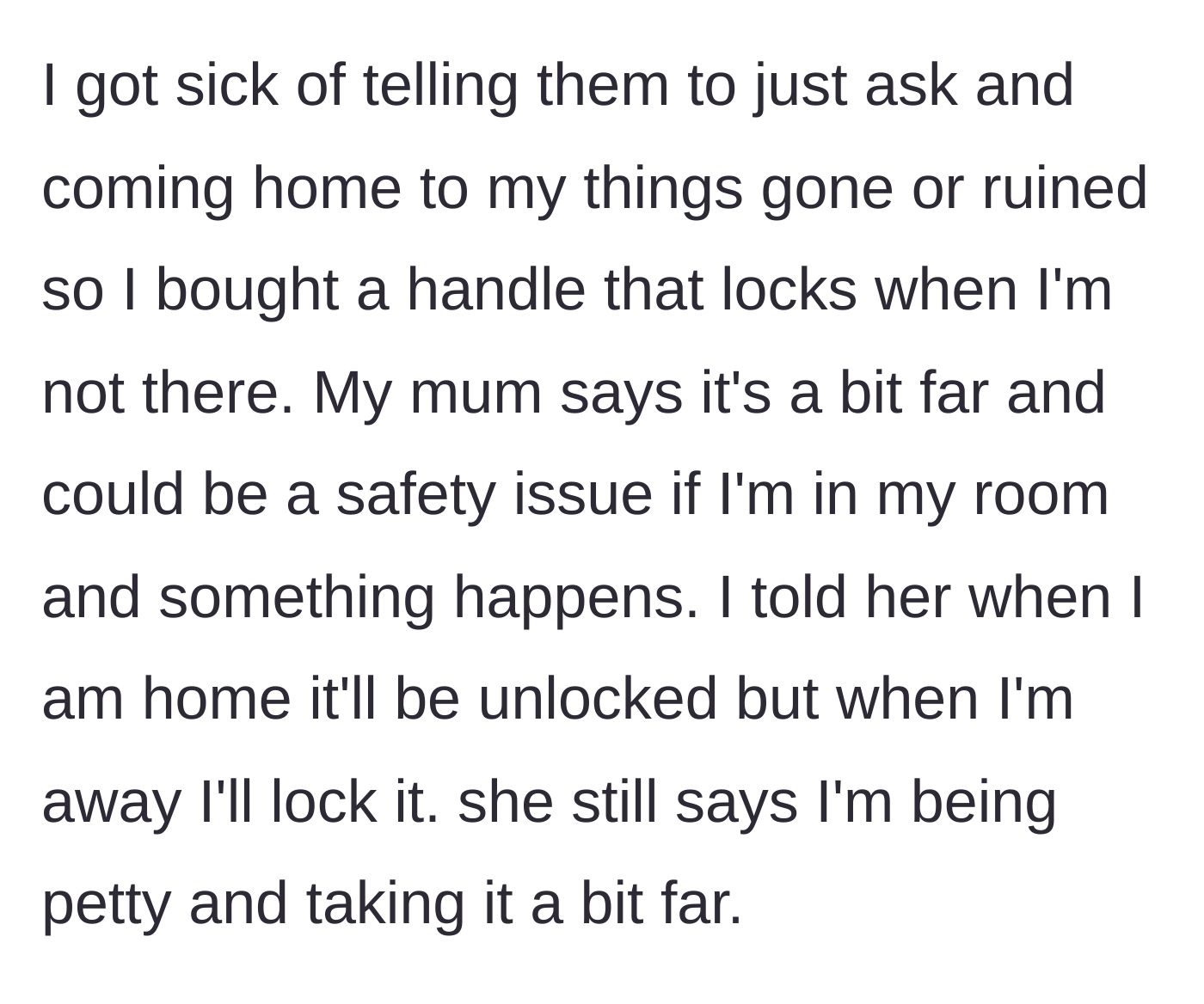 Story part 4 - The main character installs a fingerprint-locked door handle, leading her mother to call her petty and cite fake safety concerns.