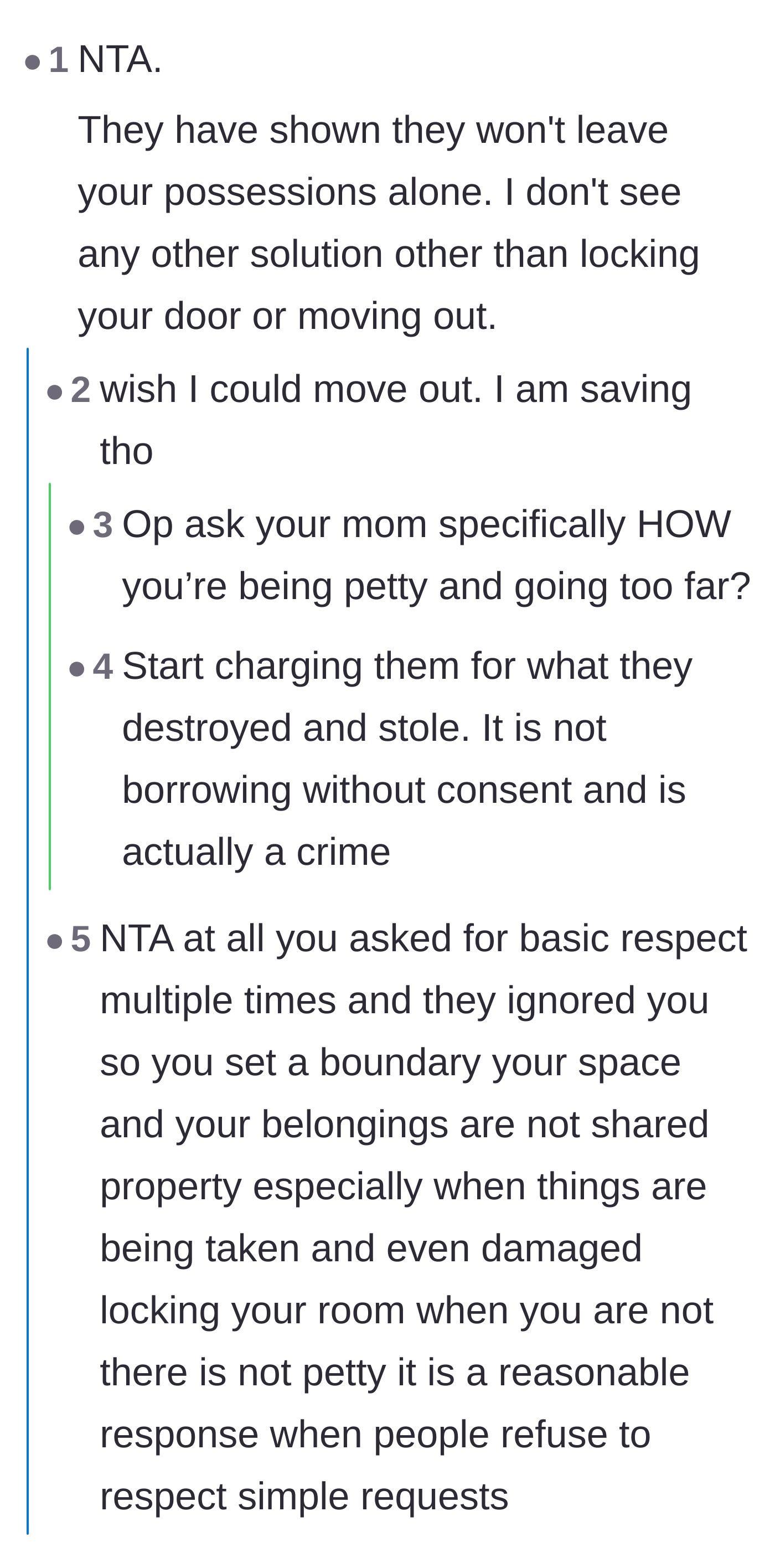 Comment thread 1 - Discussion about the mother's lack of boundaries, the audacity of the juice spill, and suggestions for the main character to move out.